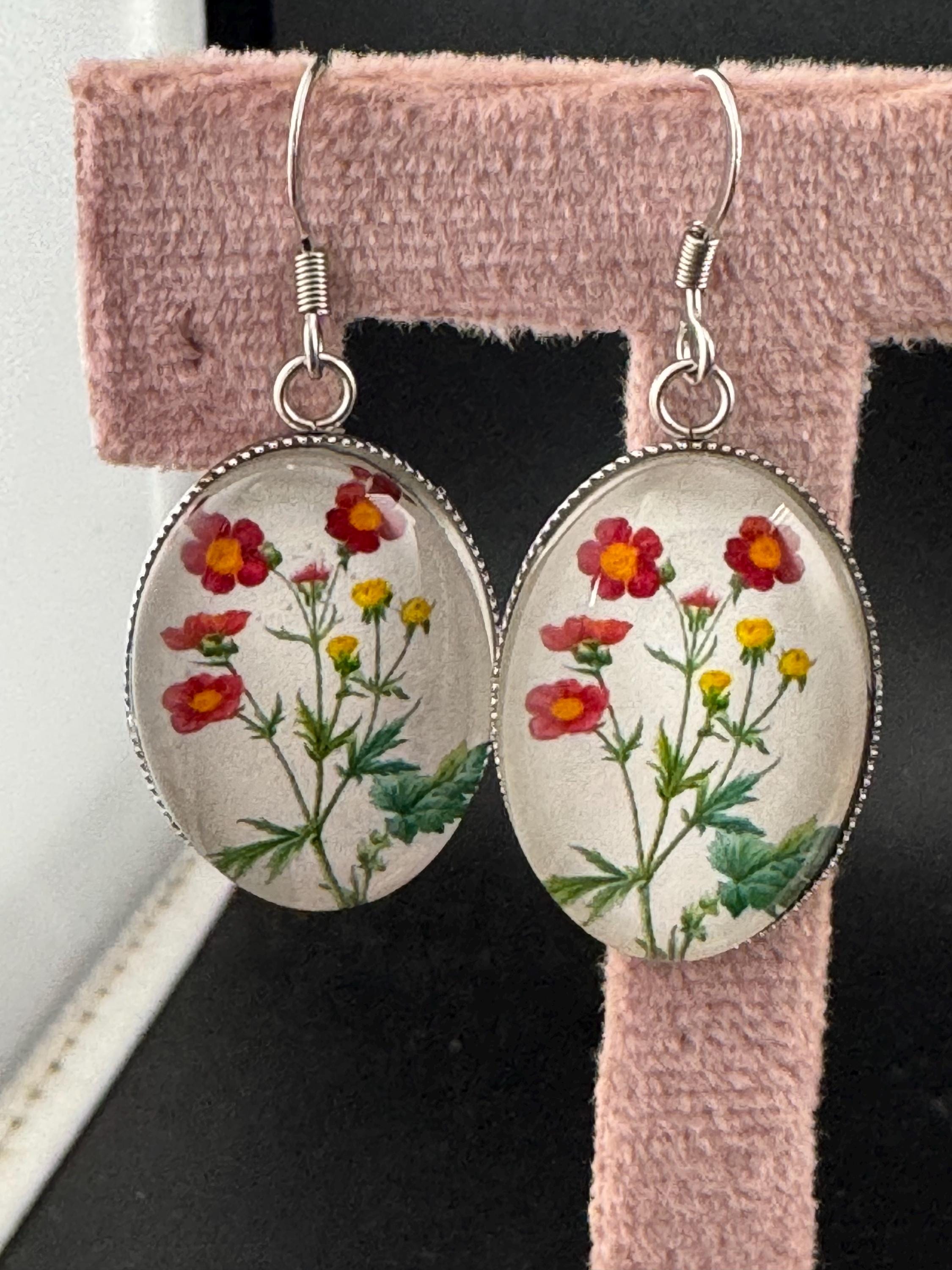 Handmade Floral Glass Cabochon Earrings: Stainless Steel, Spring Summer