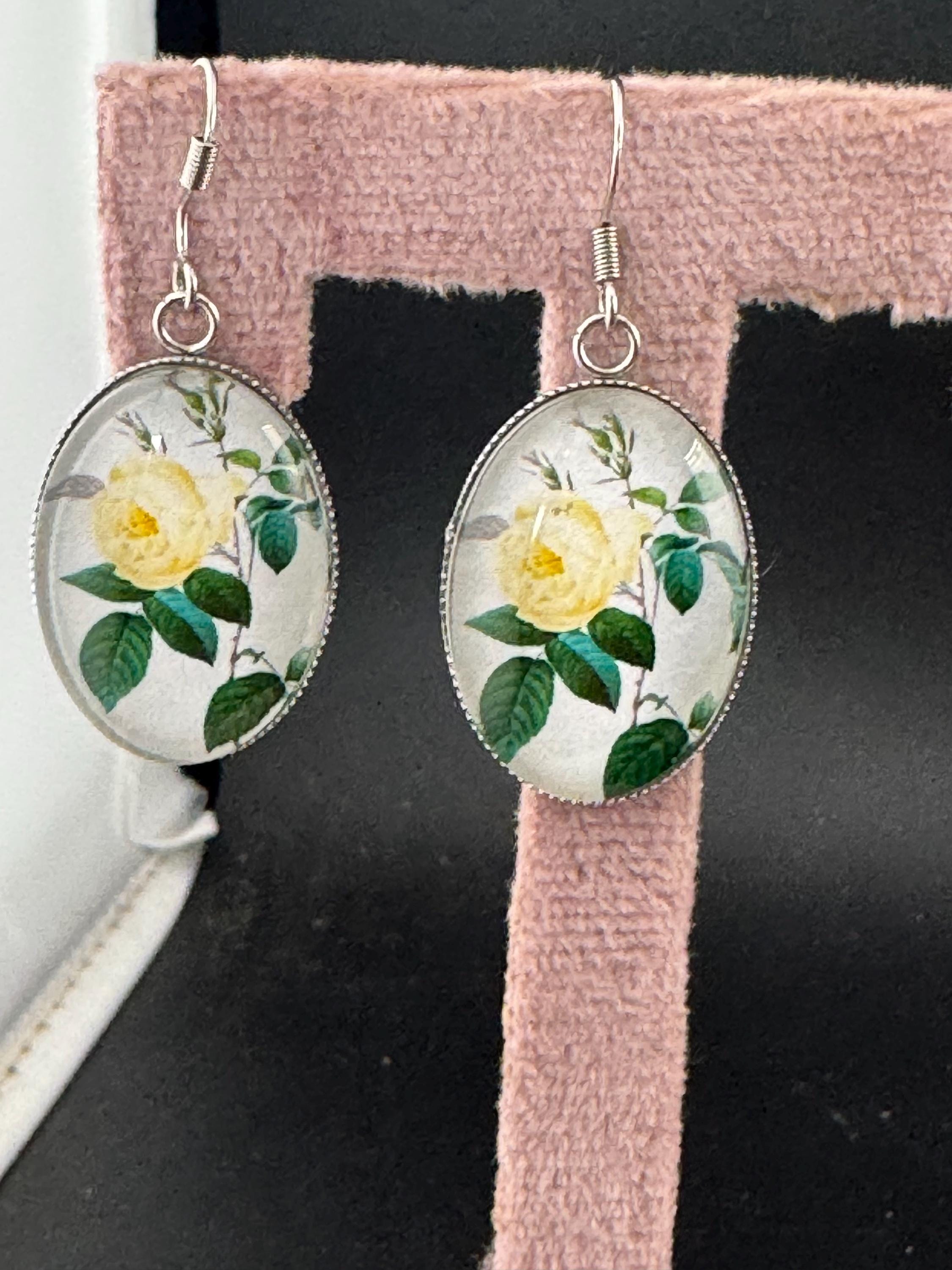 Yellow Rose Earrings: Handmade Glass Cabochon, Stainless Steel