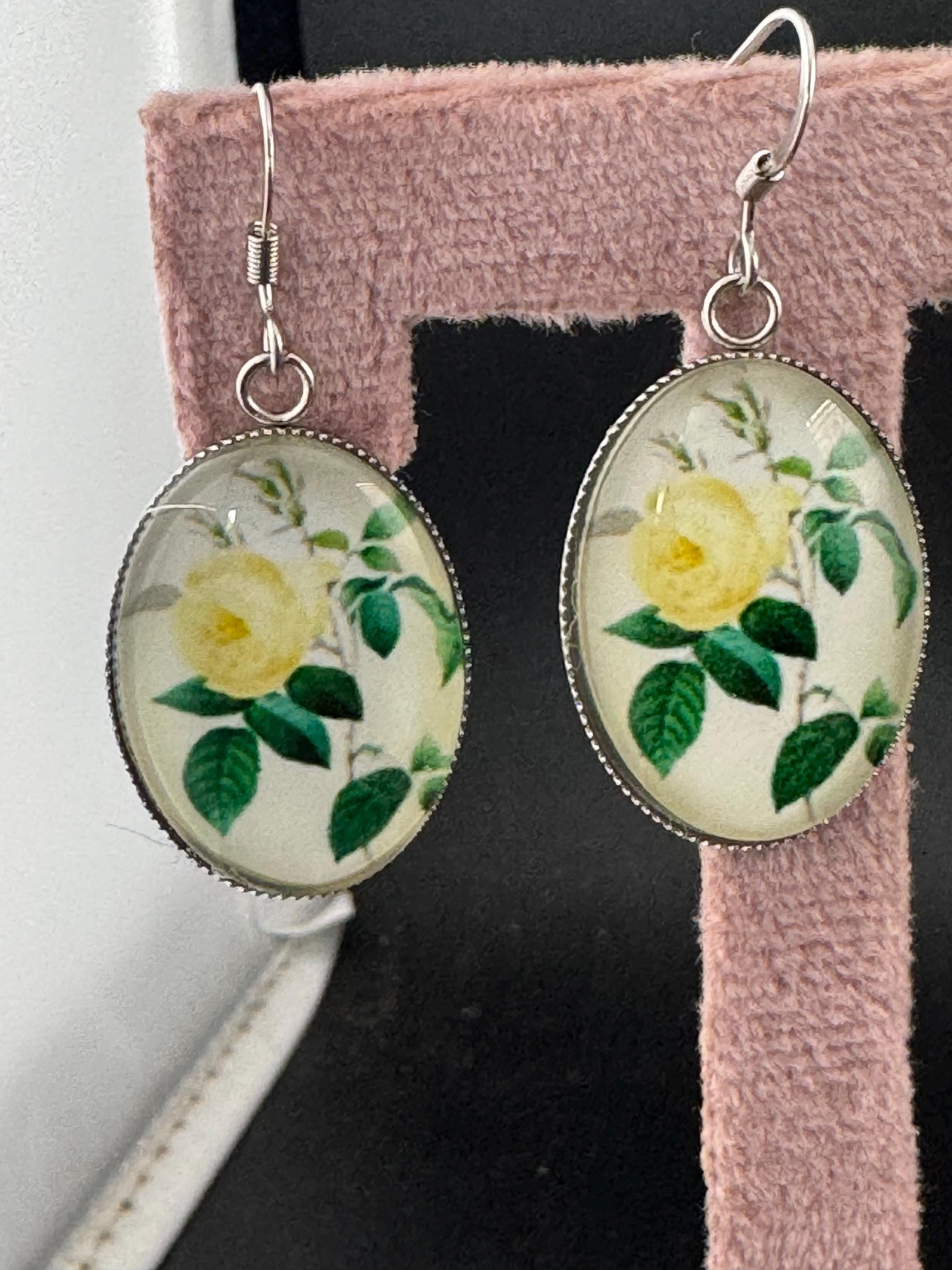 Yellow Rose Earrings: Handmade Glass Cabochon, Stainless Steel