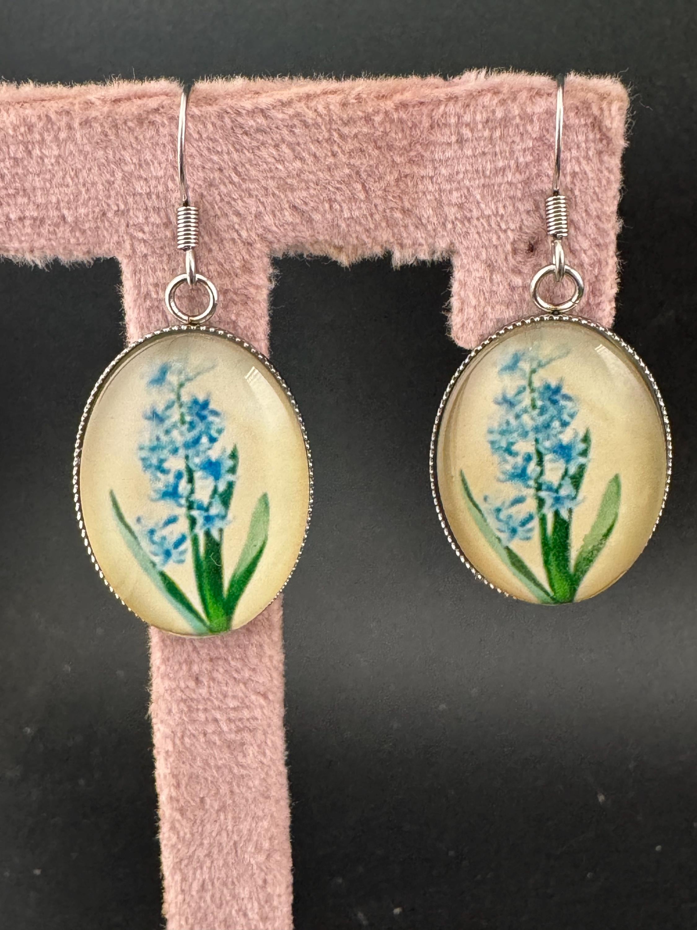 Blue bluebells garden flowers handmade oval glass cabochon earrings, stainless steel, non tarnish earwires and fittings, ideal spring summer