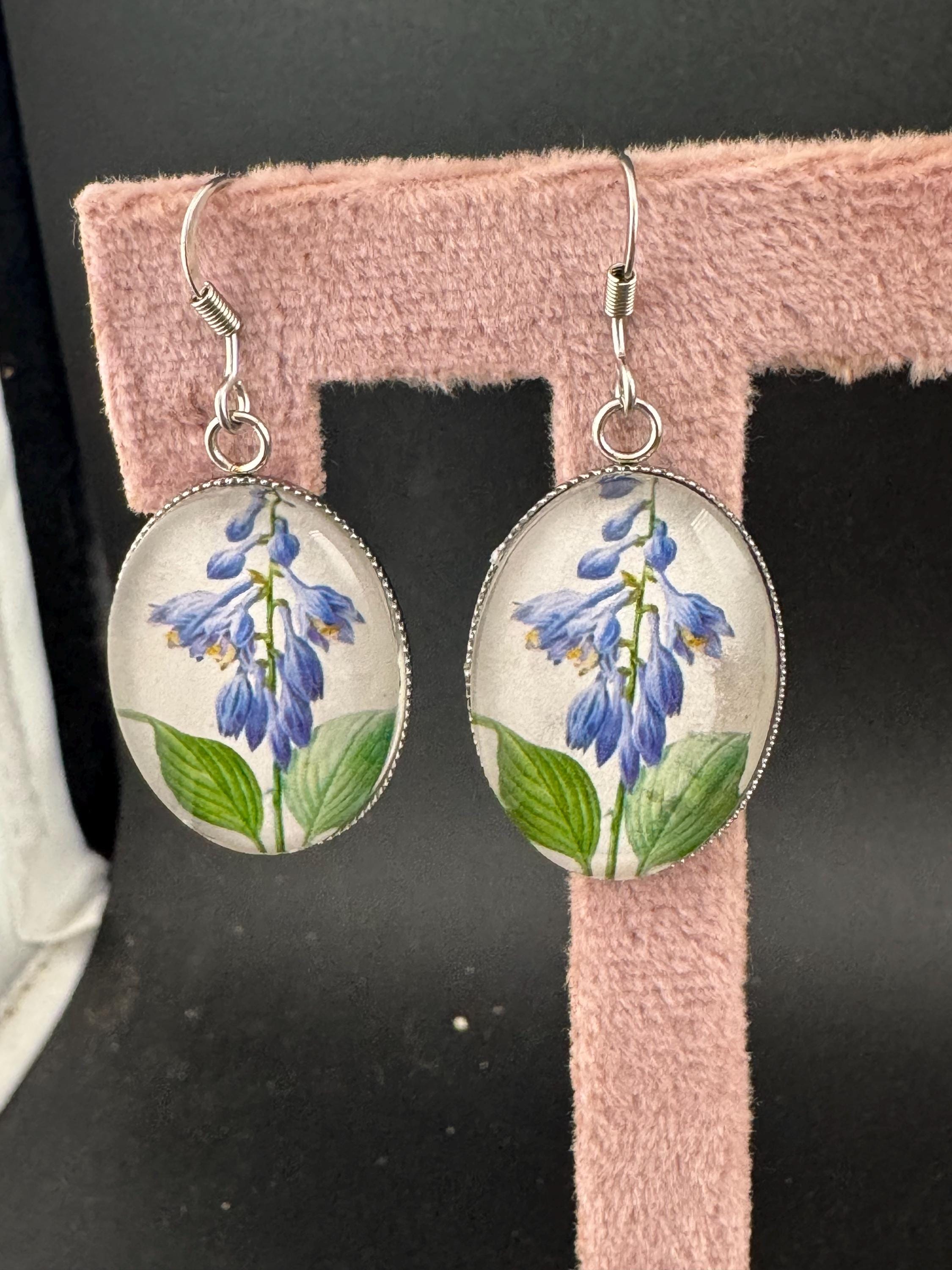 Blue bluebells garden flowers handmade oval glass cabochon earrings, stainless steel, non tarnish earwires and fittings, ideal spring summer