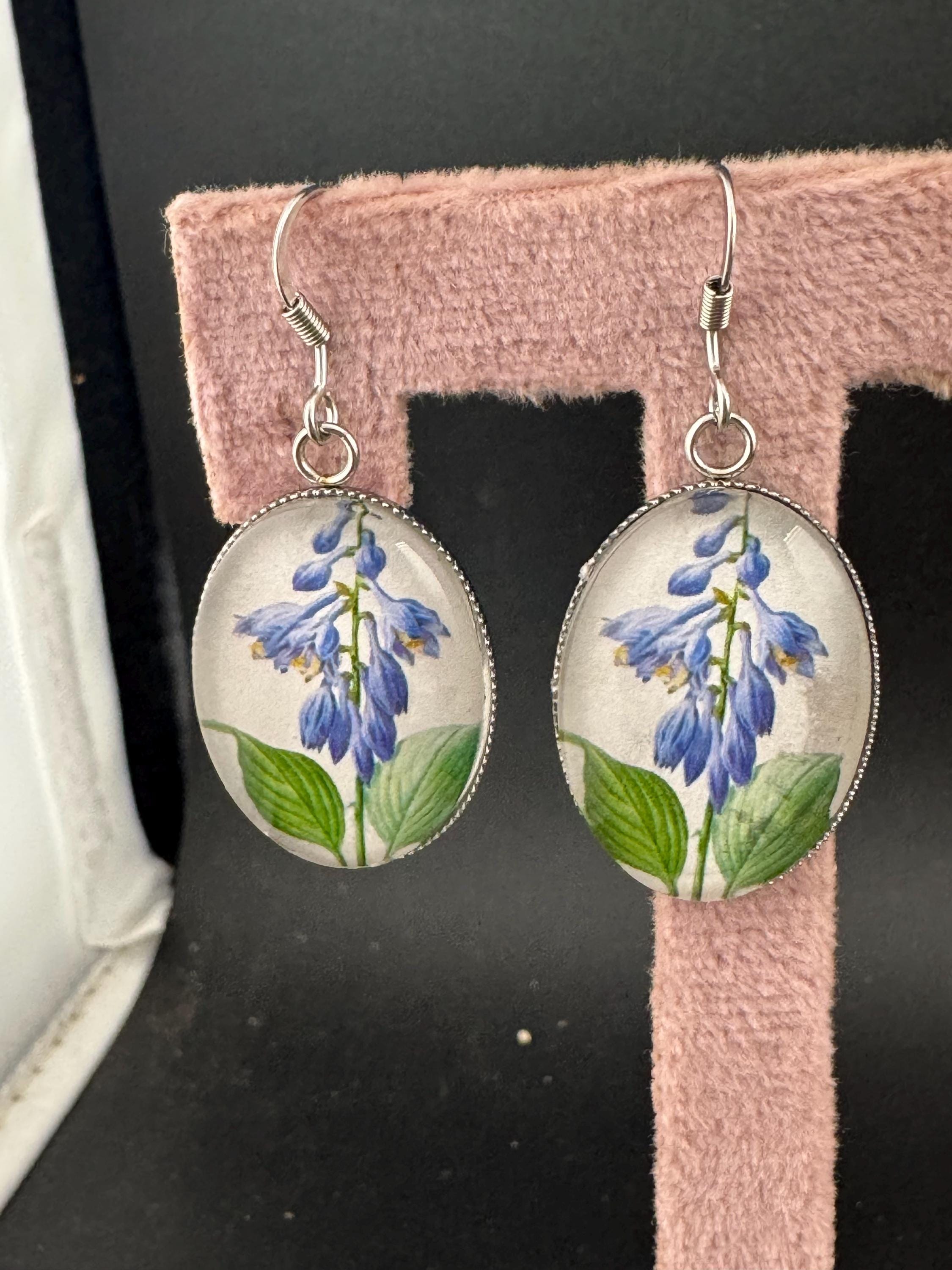 Blue bluebells garden flowers handmade oval glass cabochon earrings, stainless steel, non tarnish earwires and fittings, ideal spring summer