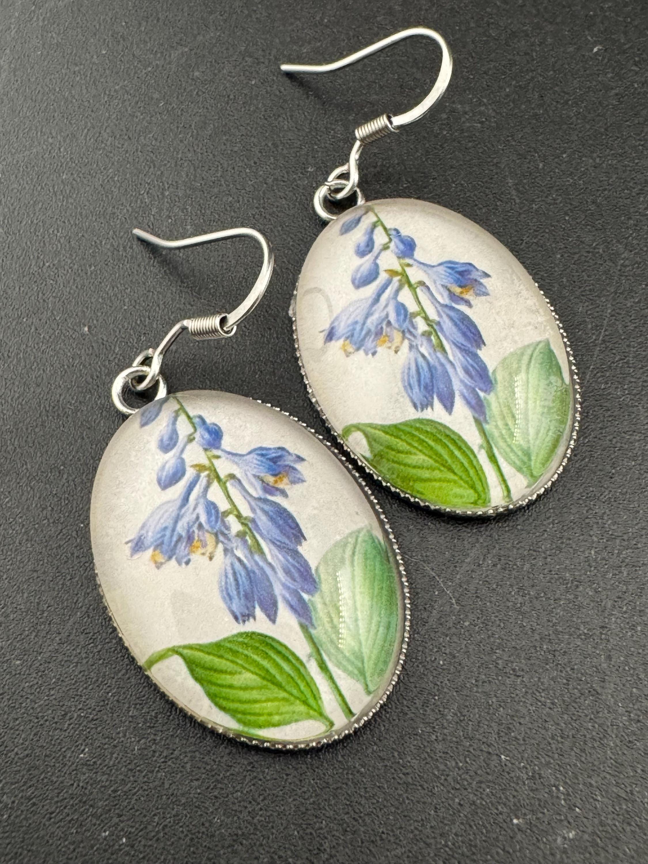 Blue bluebells garden flowers handmade oval glass cabochon earrings, stainless steel, non tarnish earwires and fittings, ideal spring summer