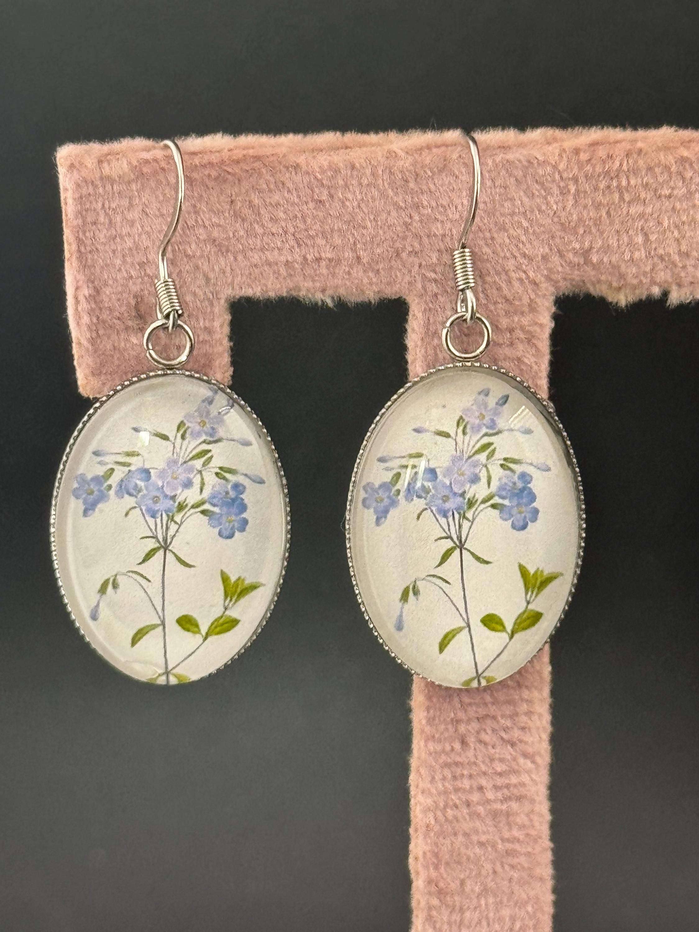 Blue bluebells garden flowers handmade oval glass cabochon earrings, stainless steel, non tarnish earwires and fittings, ideal spring summer