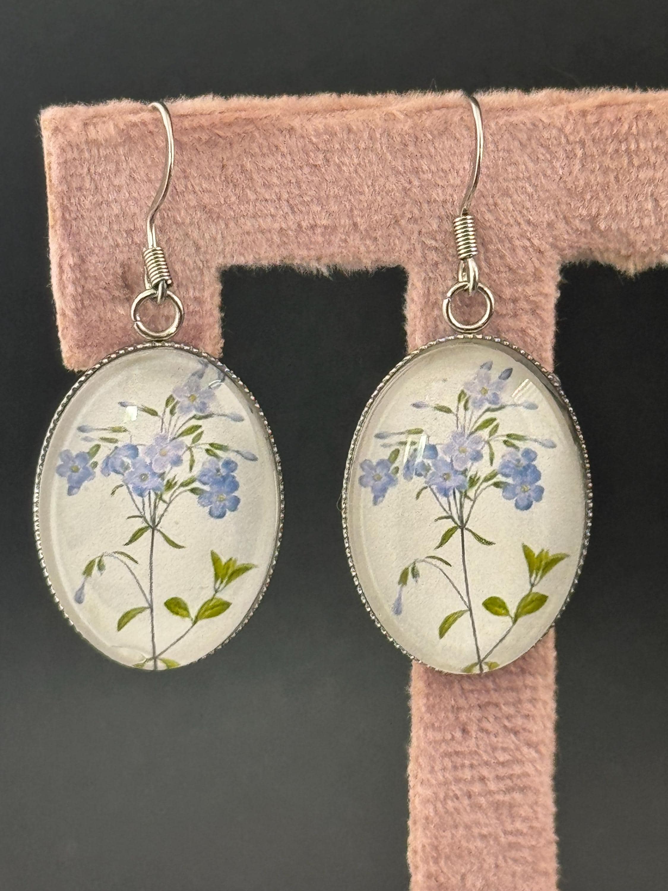 Blue bluebells garden flowers handmade oval glass cabochon earrings, stainless steel, non tarnish earwires and fittings, ideal spring summer