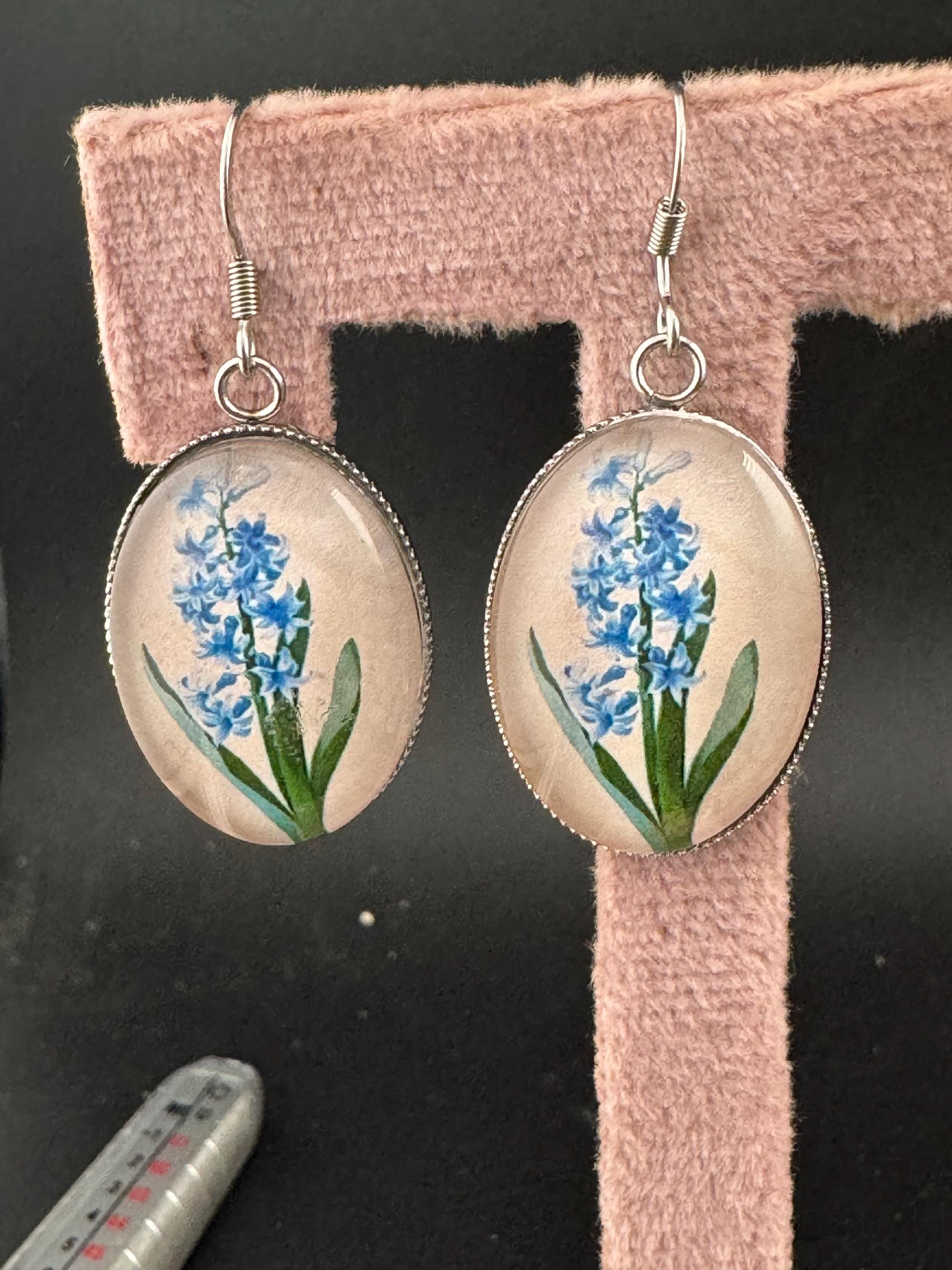 Blue bluebells garden flowers handmade oval glass cabochon earrings, stainless steel, non tarnish earwires and fittings, ideal spring summer