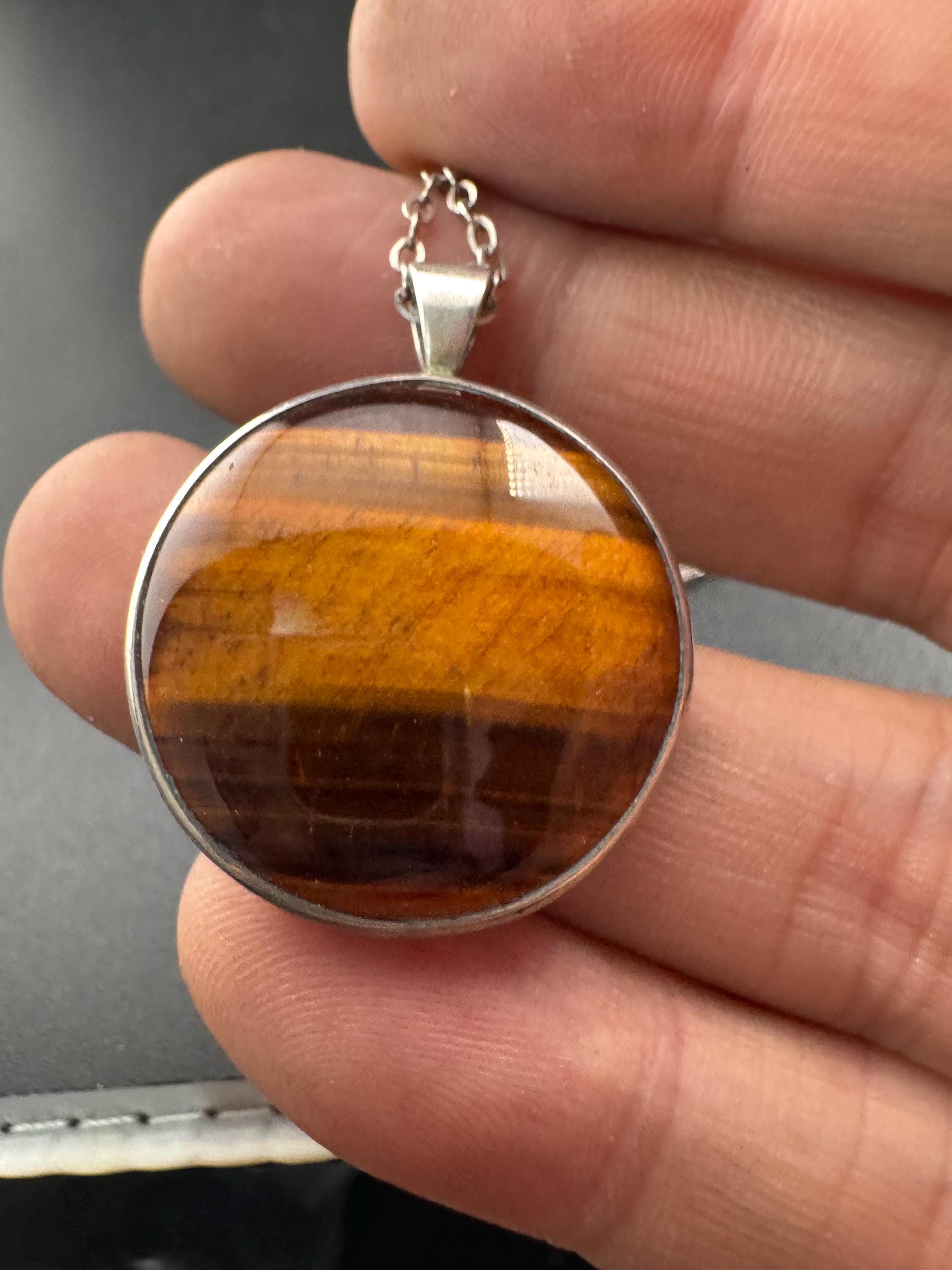 Vintage 1970s Tiger's Eye Sterling Silver Pendant Necklace