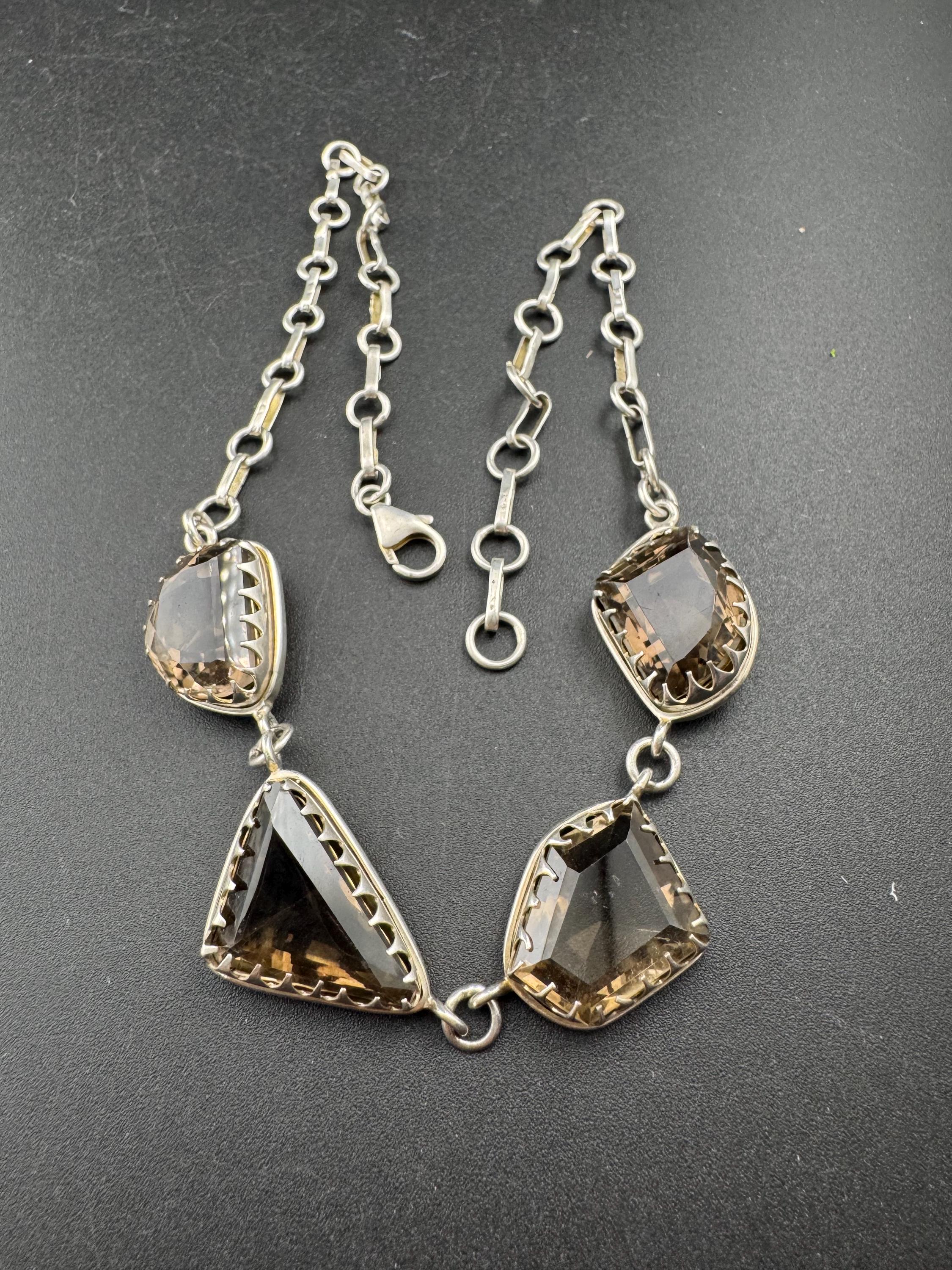 vintage sterling silver 925 chunky brown natural smoky quartz gemstone chunky cabochon necklace 41cm