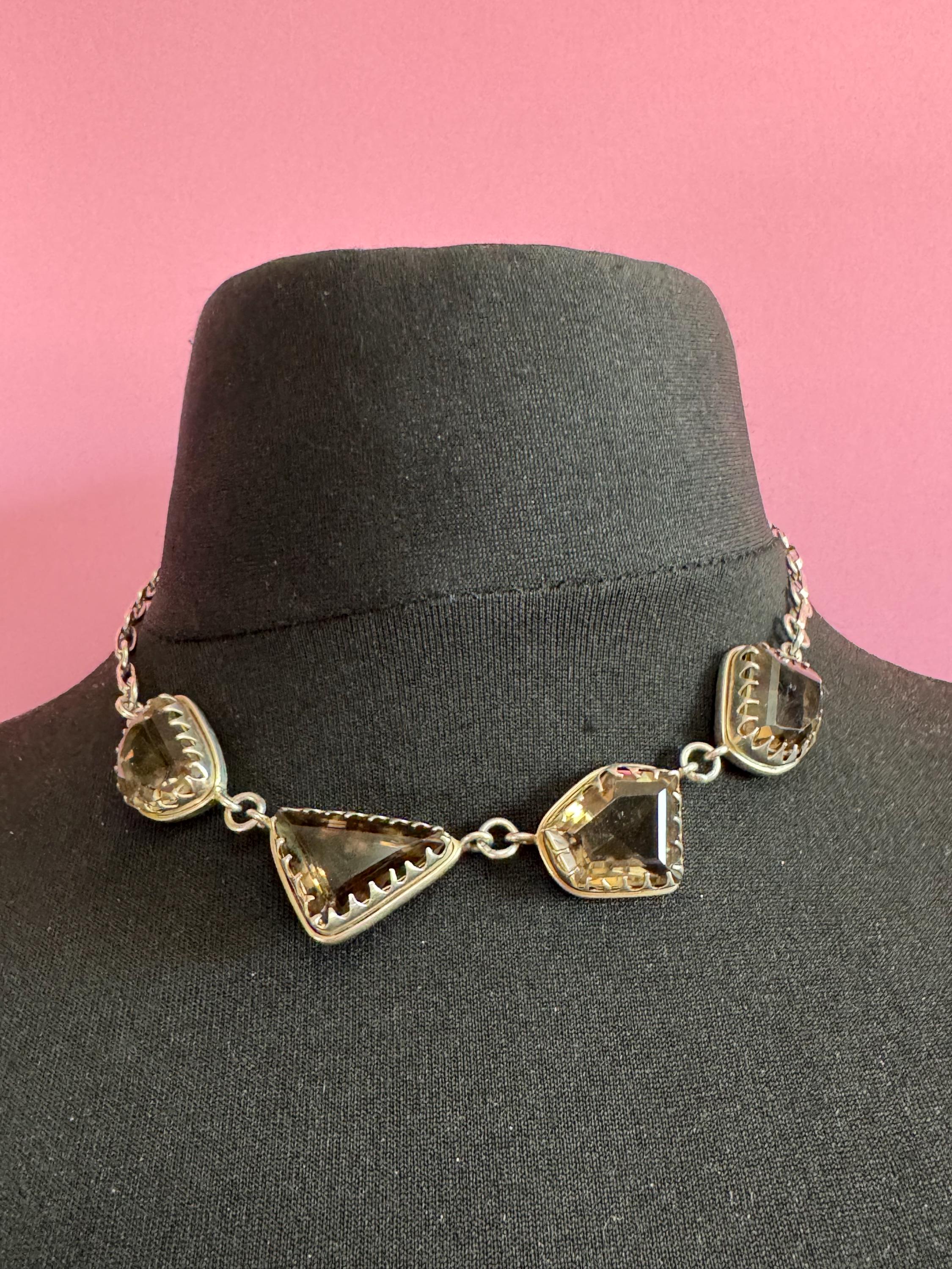 vintage sterling silver 925 chunky brown natural smoky quartz gemstone chunky cabochon necklace 41cm
