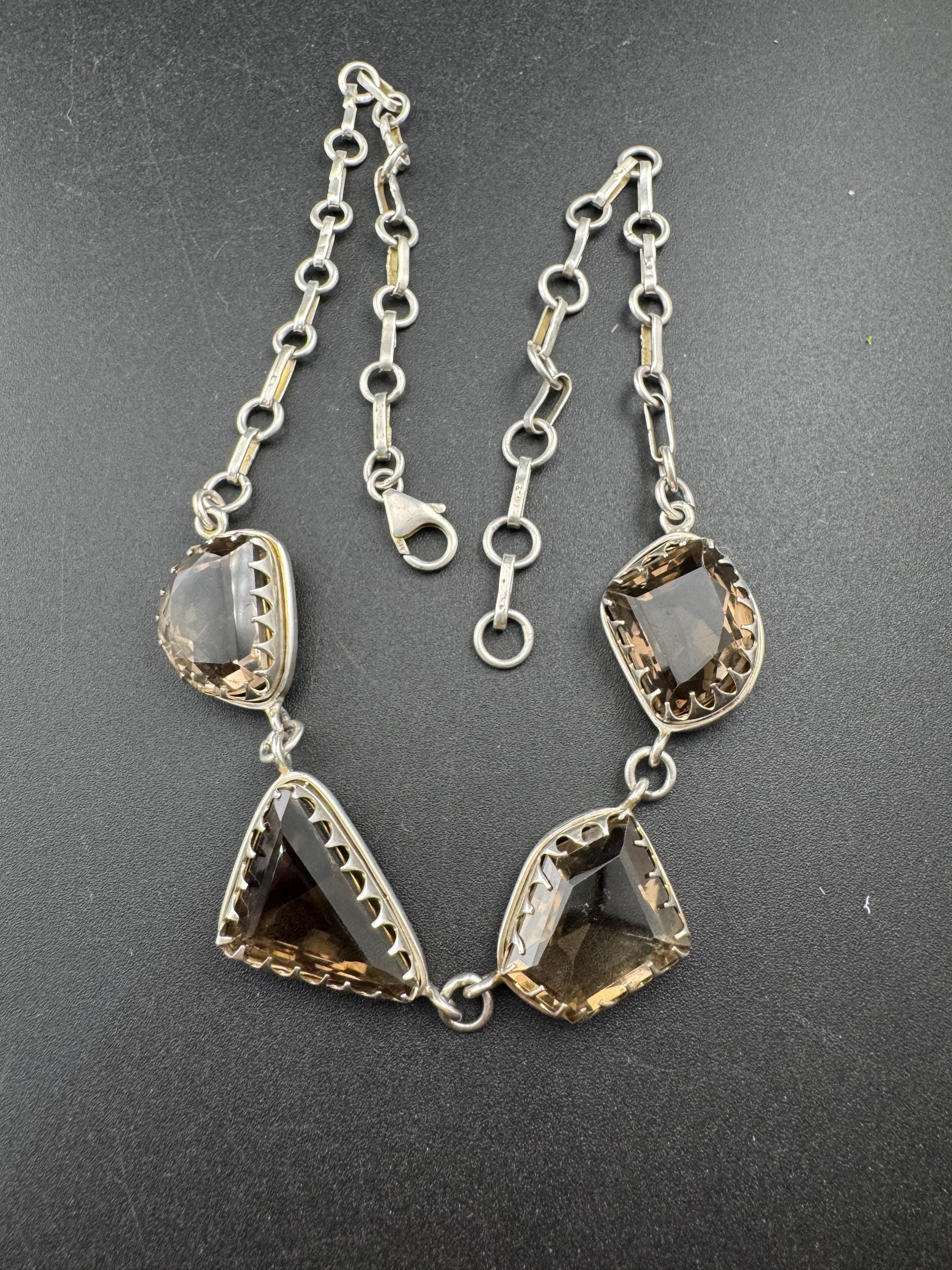 vintage sterling silver 925 chunky brown natural smoky quartz gemstone chunky cabochon necklace 41cm