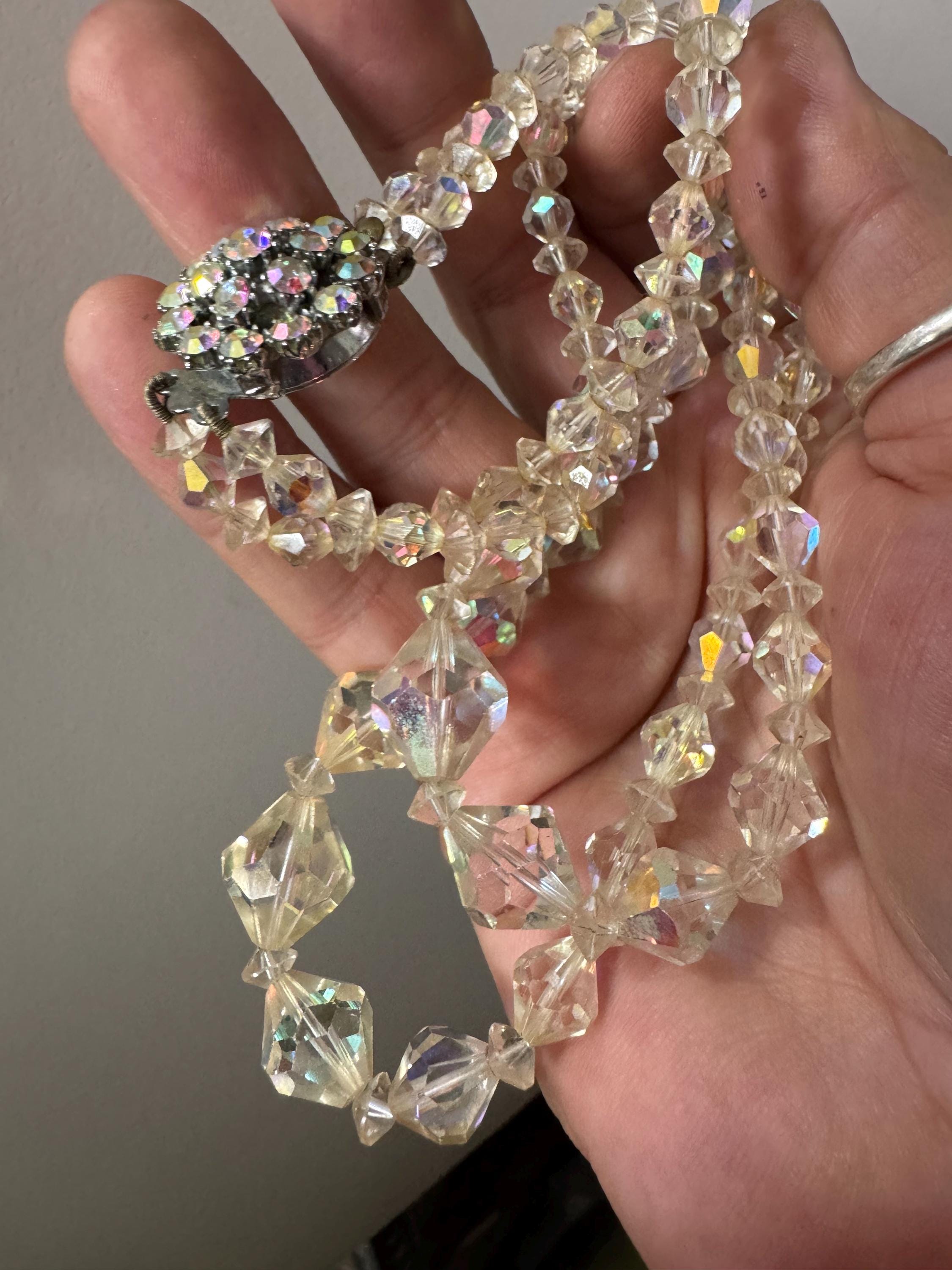 Art Deco Aurora Borealis Crystal Necklace: Double Strand Collar