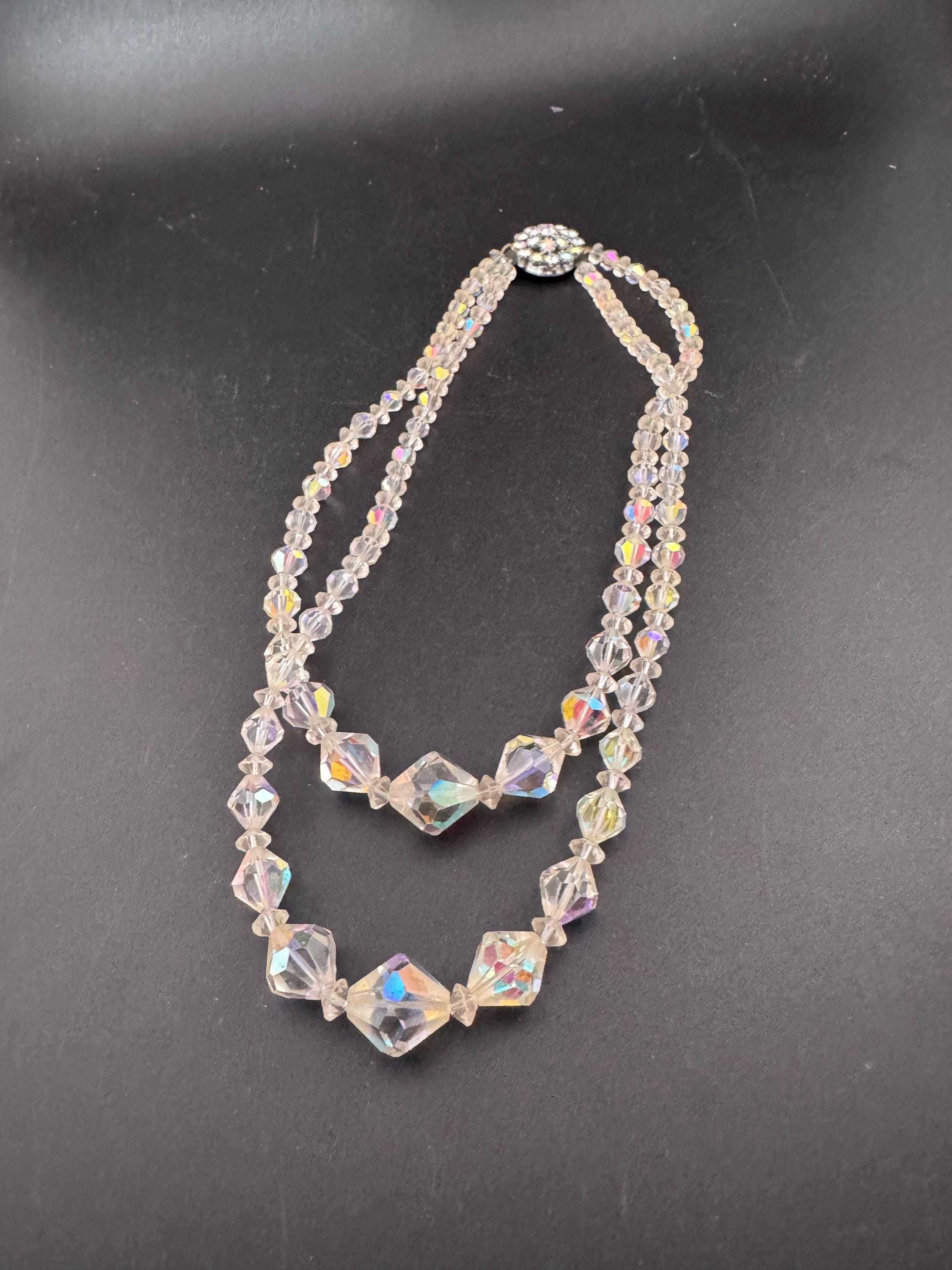 Art Deco Aurora Borealis Crystal Necklace: Double Strand Collar
