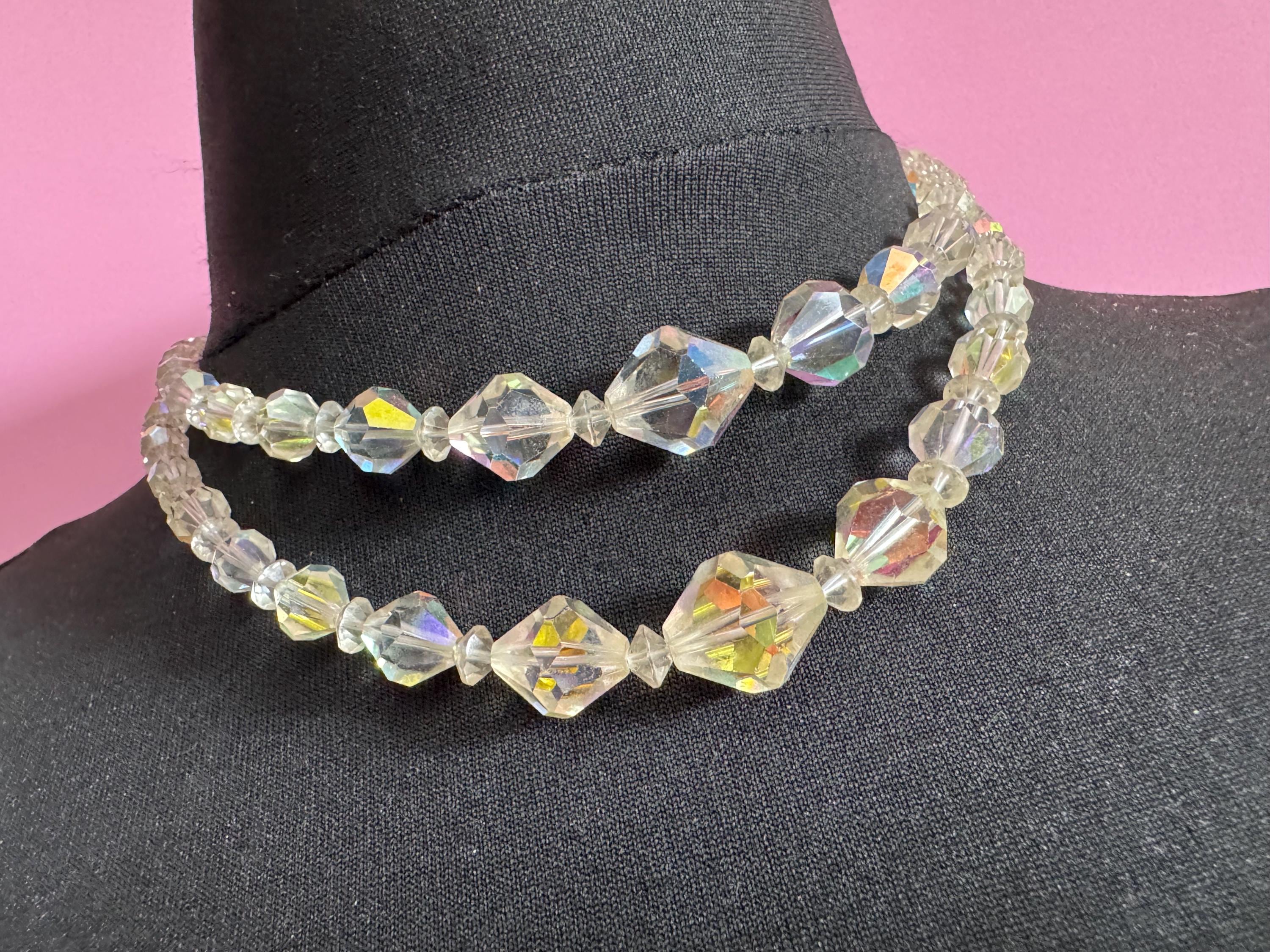 Art Deco Aurora Borealis Crystal Necklace: Double Strand Collar