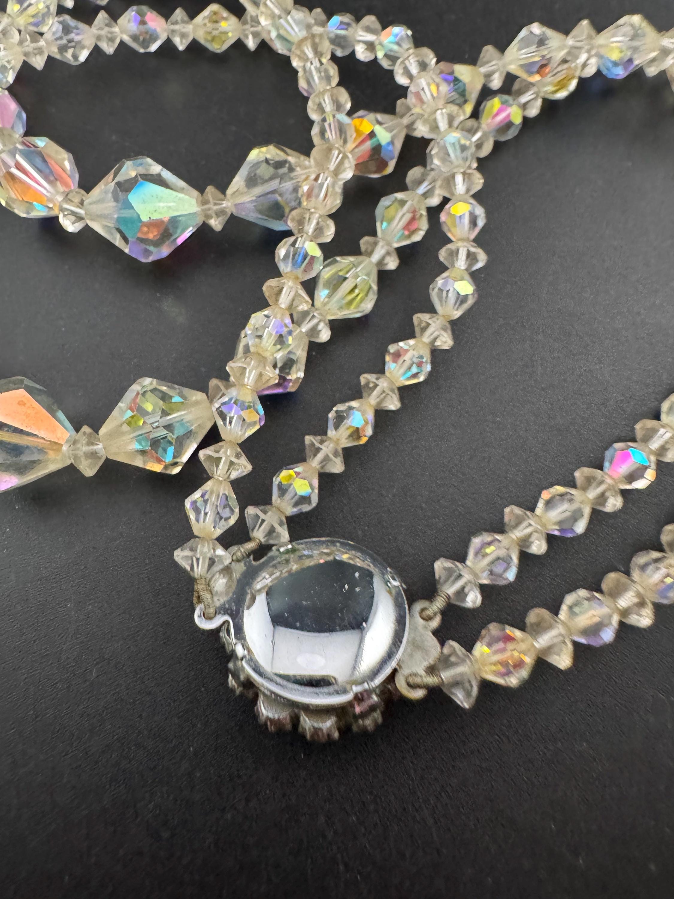 Art Deco Aurora Borealis Crystal Necklace: Double Strand Collar