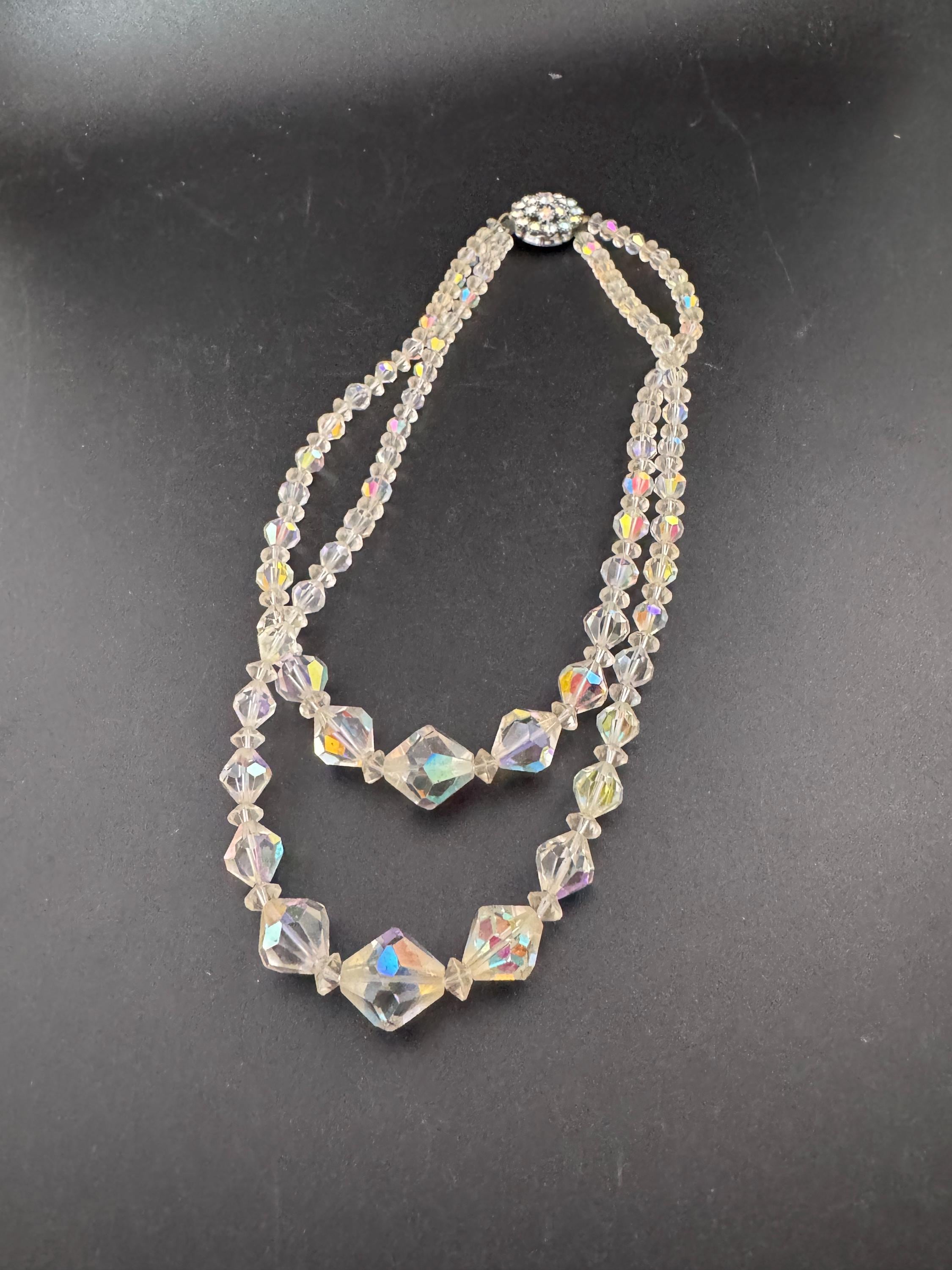 Art Deco Aurora Borealis Crystal Necklace: Double Strand Collar