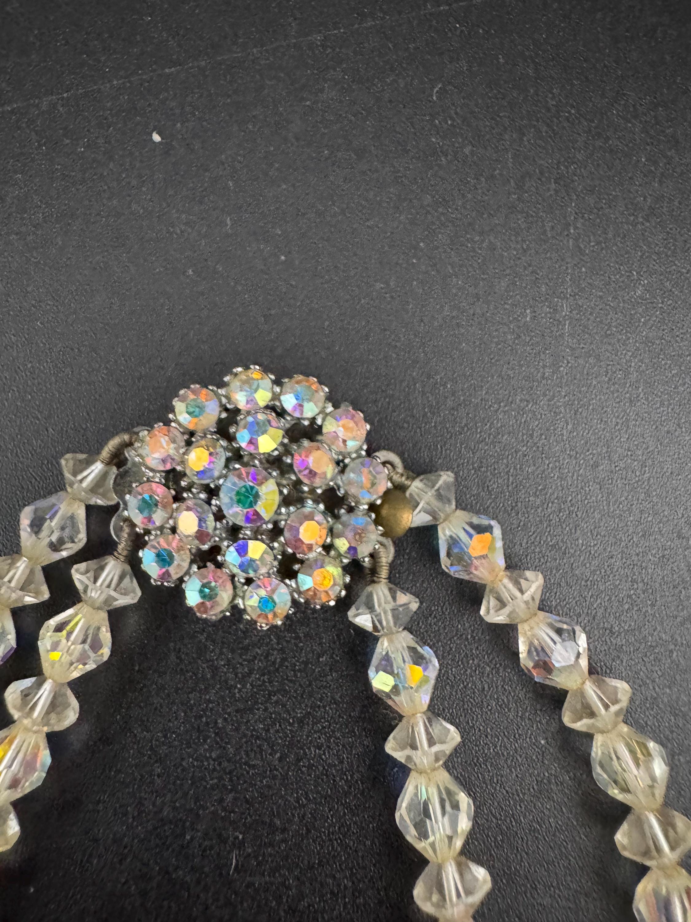 Art Deco Aurora Borealis Crystal Necklace: Double Strand Collar