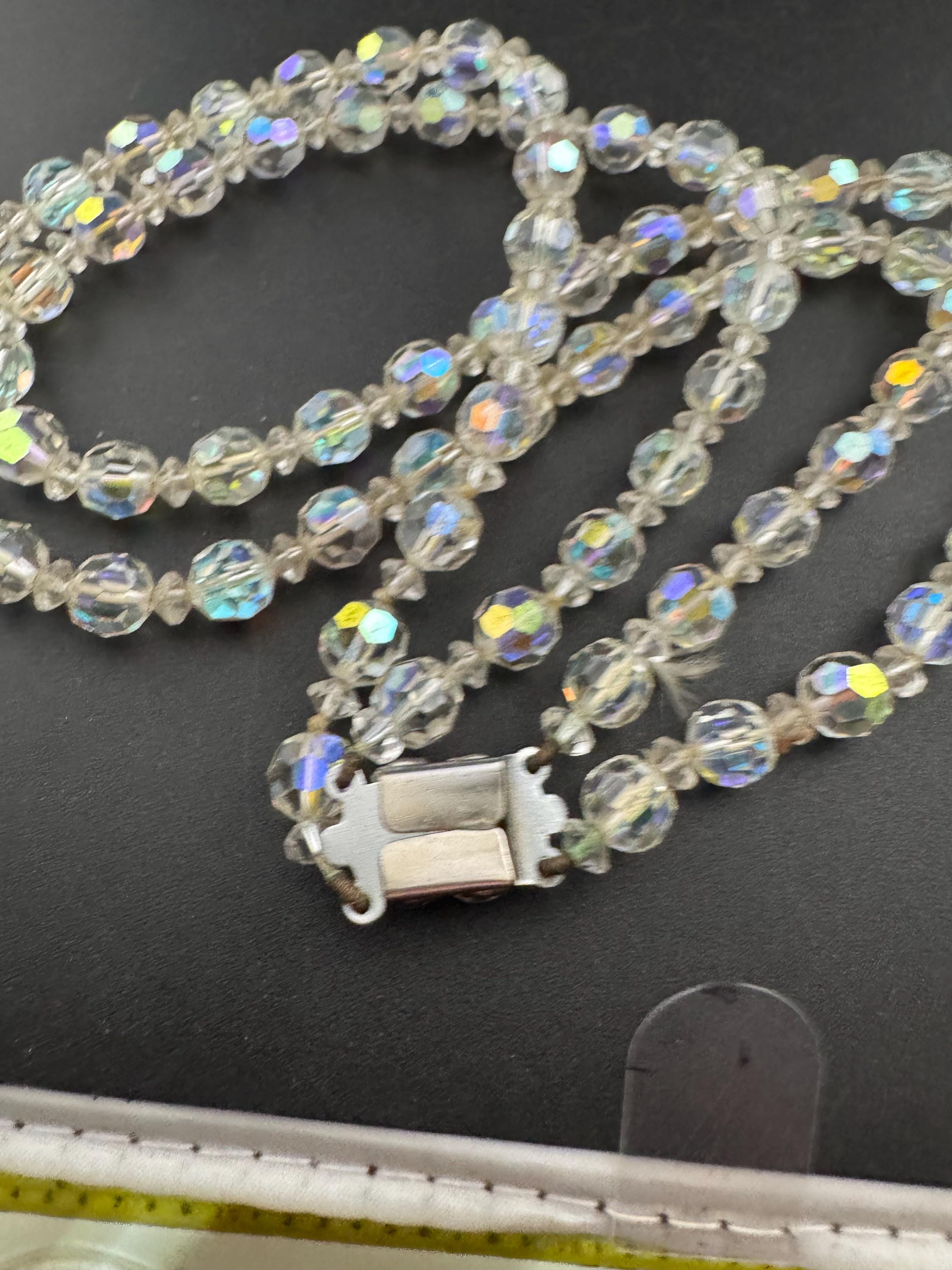 Art Deco clear AB rainbow Aurora borealis glass Crystal 2 row double strand beaded necklace choker festoon mid century