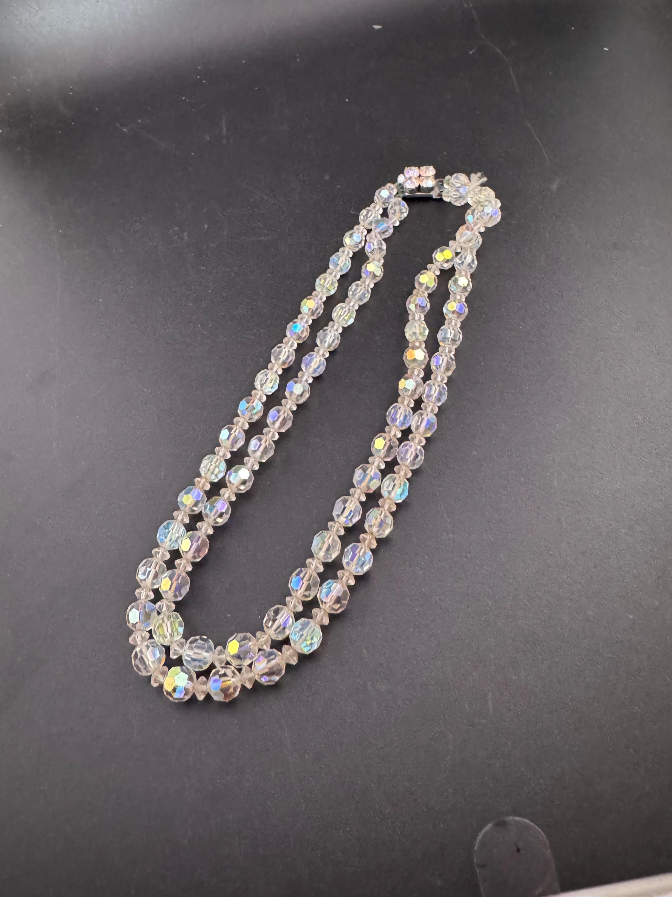 Art Deco clear AB rainbow Aurora borealis glass Crystal 2 row double strand beaded necklace choker festoon mid century