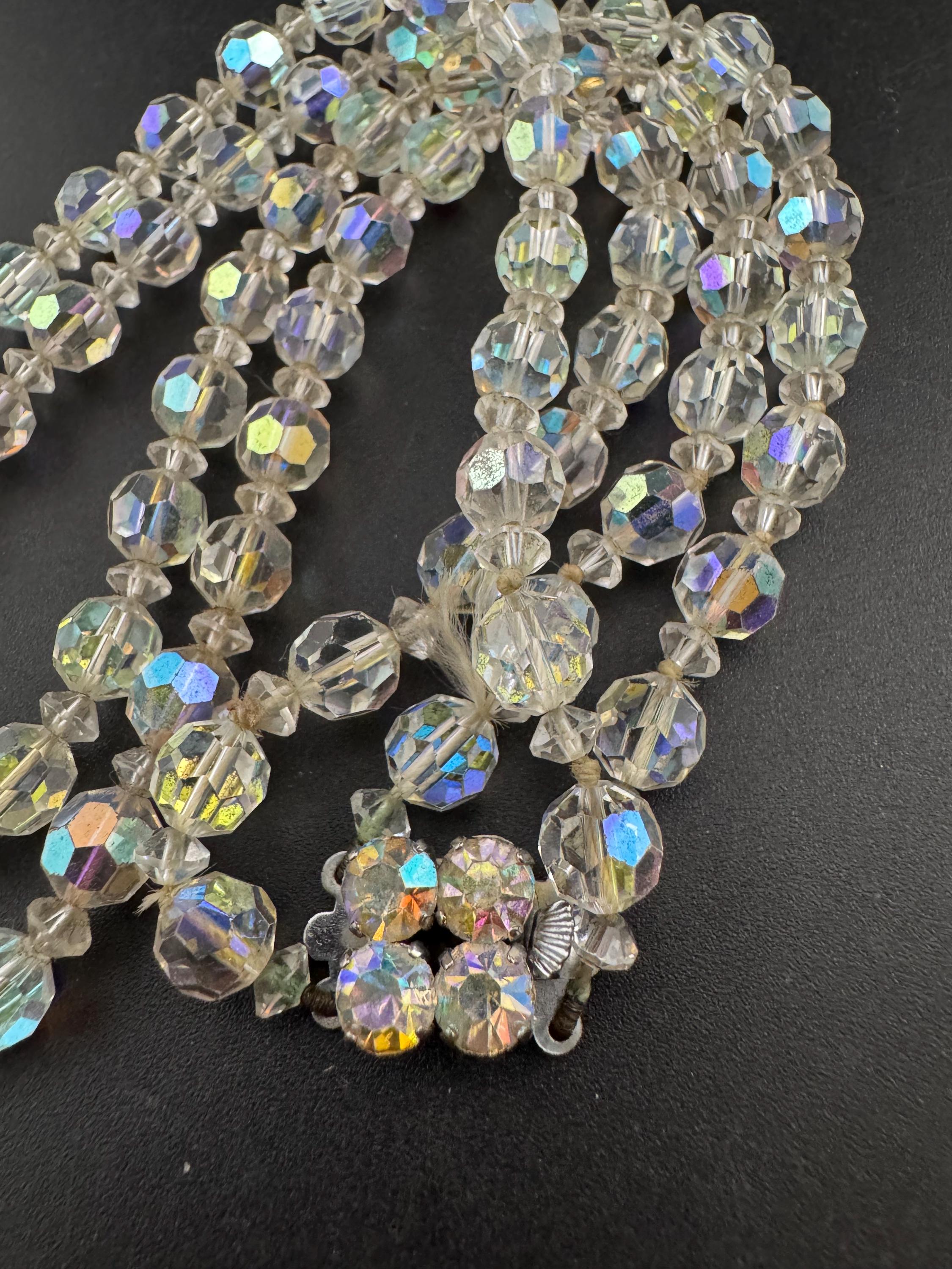 Art Deco clear AB rainbow Aurora borealis glass Crystal 2 row double strand beaded necklace choker festoon mid century