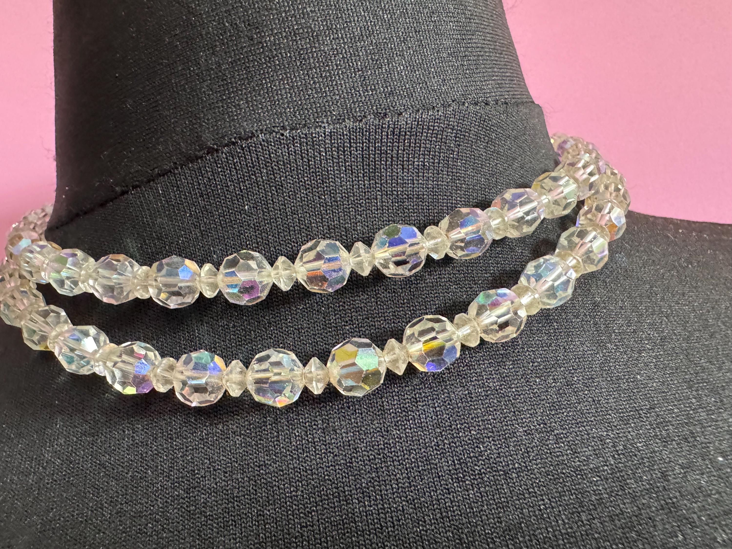 Art Deco clear AB rainbow Aurora borealis glass Crystal 2 row double strand beaded necklace choker festoon mid century
