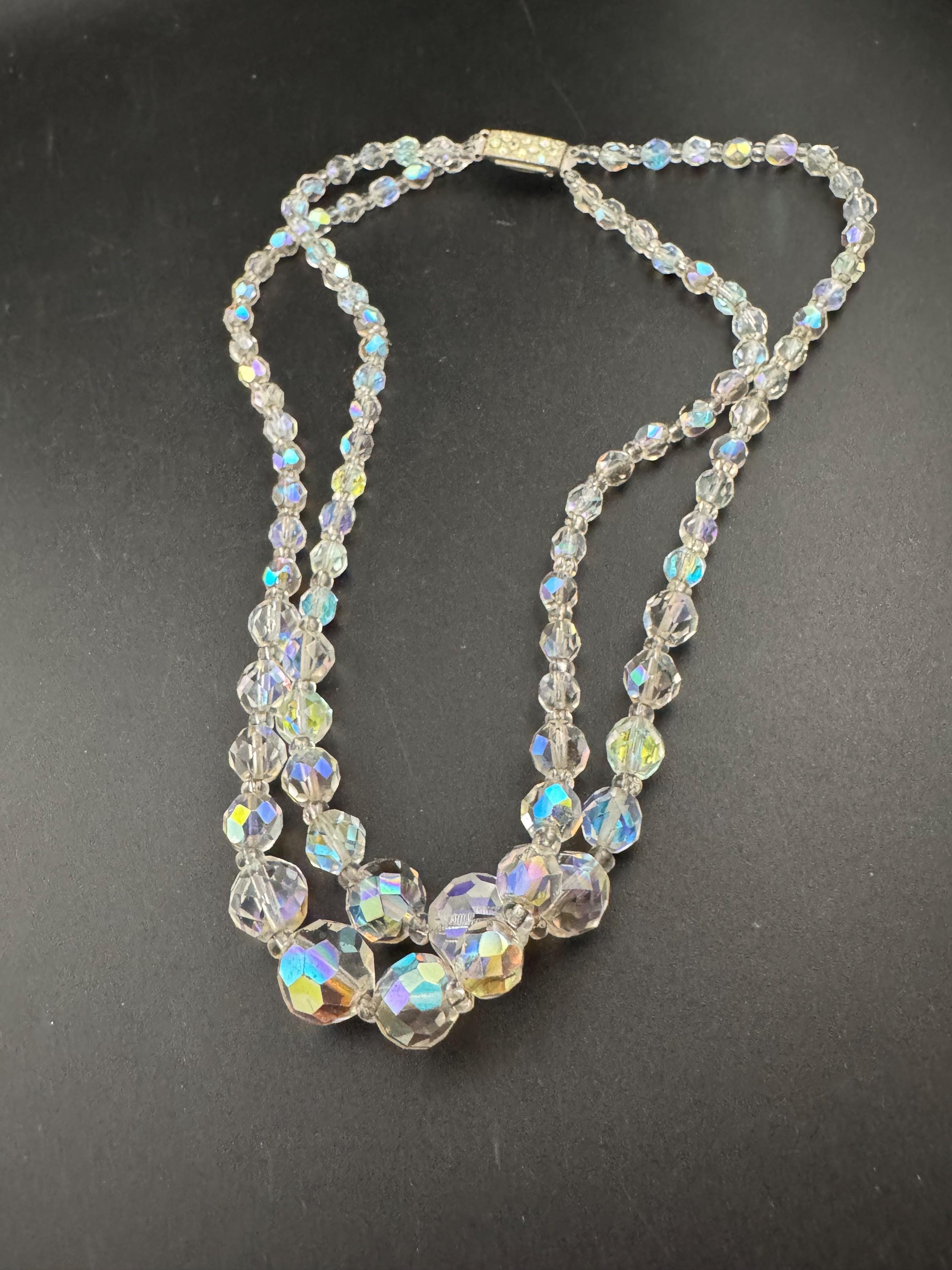 Art Deco clear AB rainbow Aurora borealis glass Crystal 2 row double strand beaded necklace choker festoon mid century