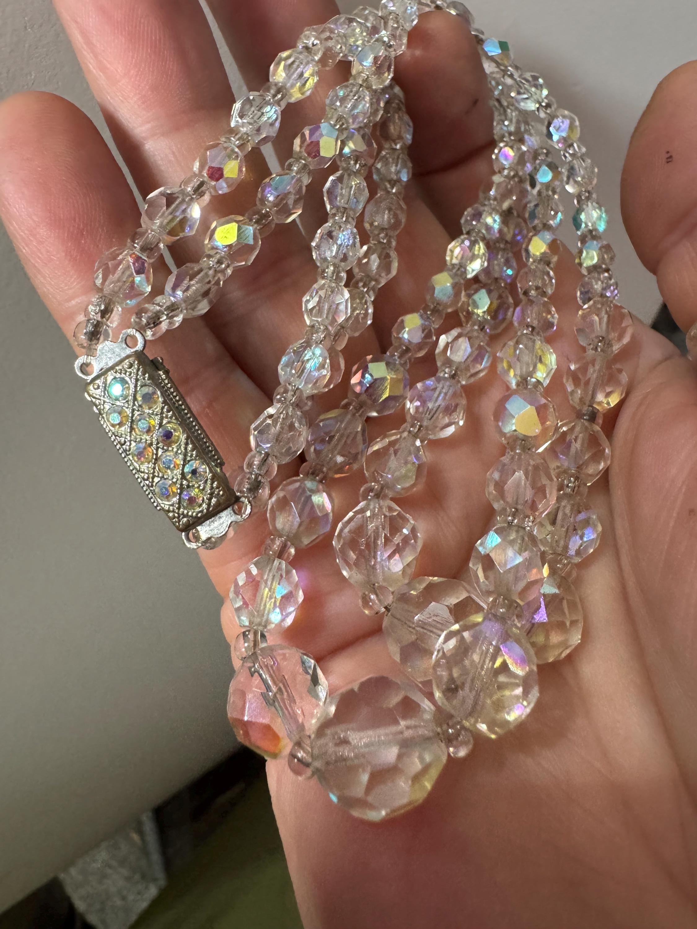 Art Deco clear AB rainbow Aurora borealis glass Crystal 2 row double strand beaded necklace choker festoon mid century