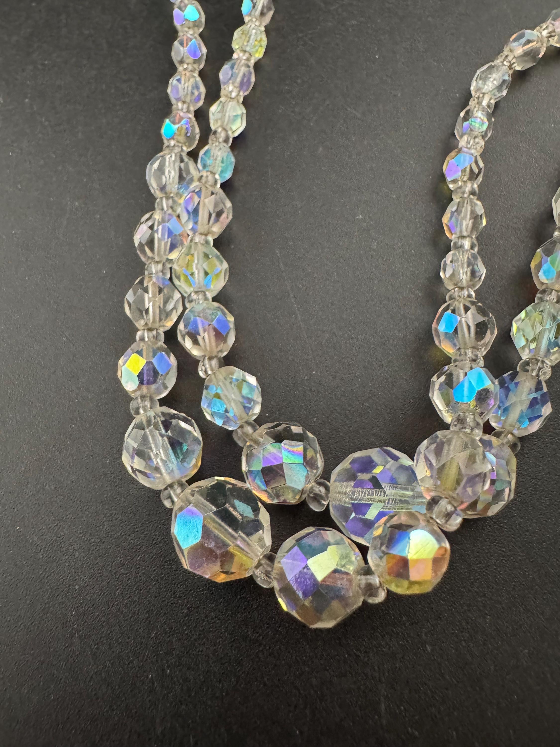 Art Deco clear AB rainbow Aurora borealis glass Crystal 2 row double strand beaded necklace choker festoon mid century