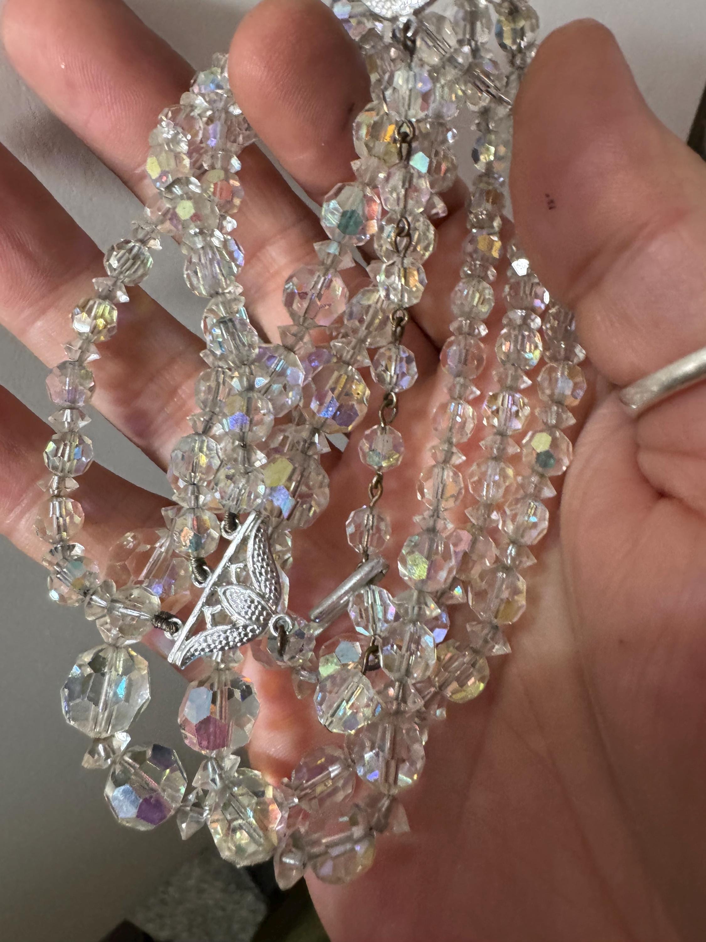 Art Deco clear AB rainbow Aurora borealis glass Crystal 3 row triple strand beaded bead necklace choker festoon waterfall