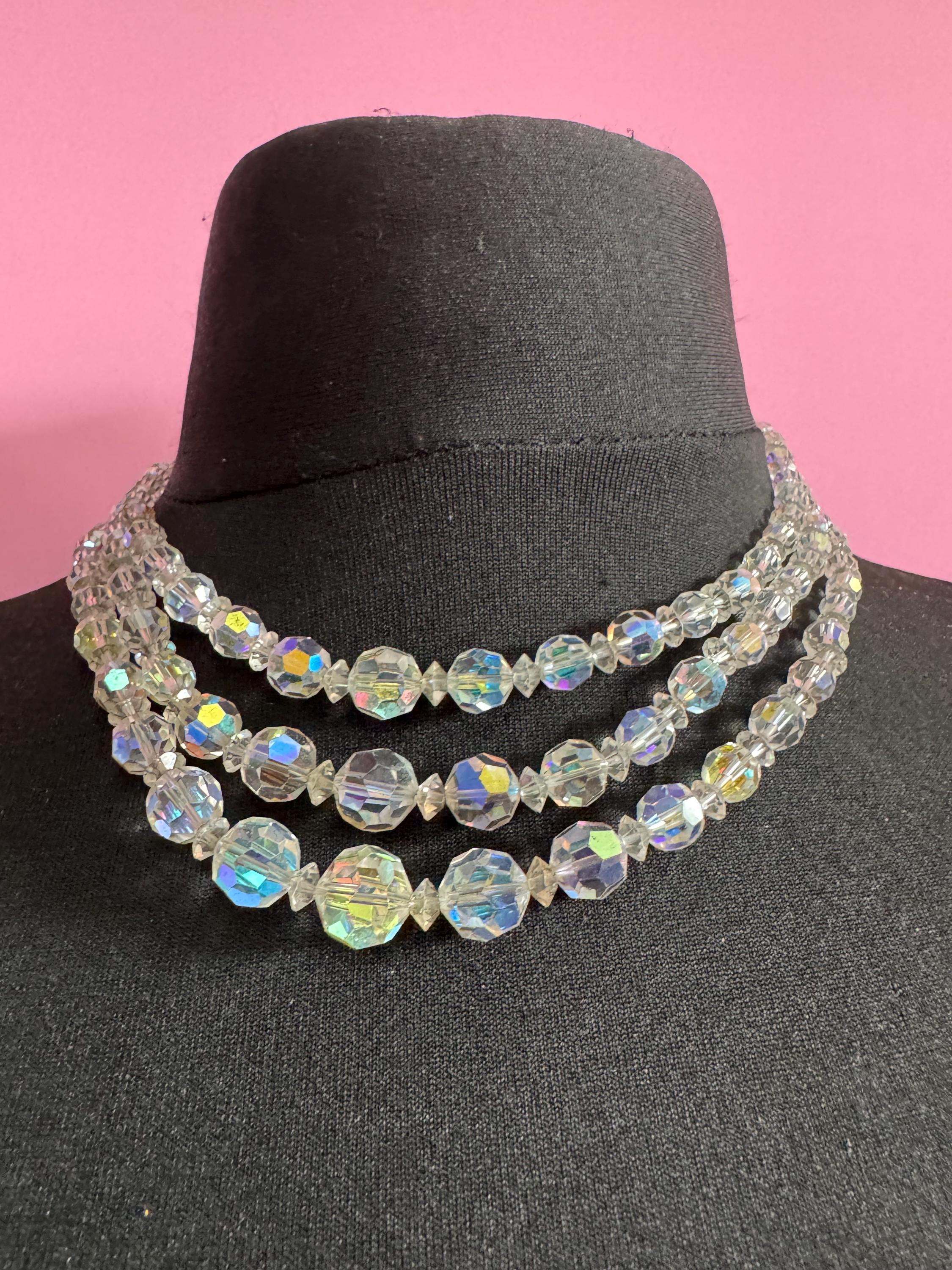 Art Deco clear AB rainbow Aurora borealis glass Crystal 3 row triple strand beaded bead necklace choker festoon waterfall