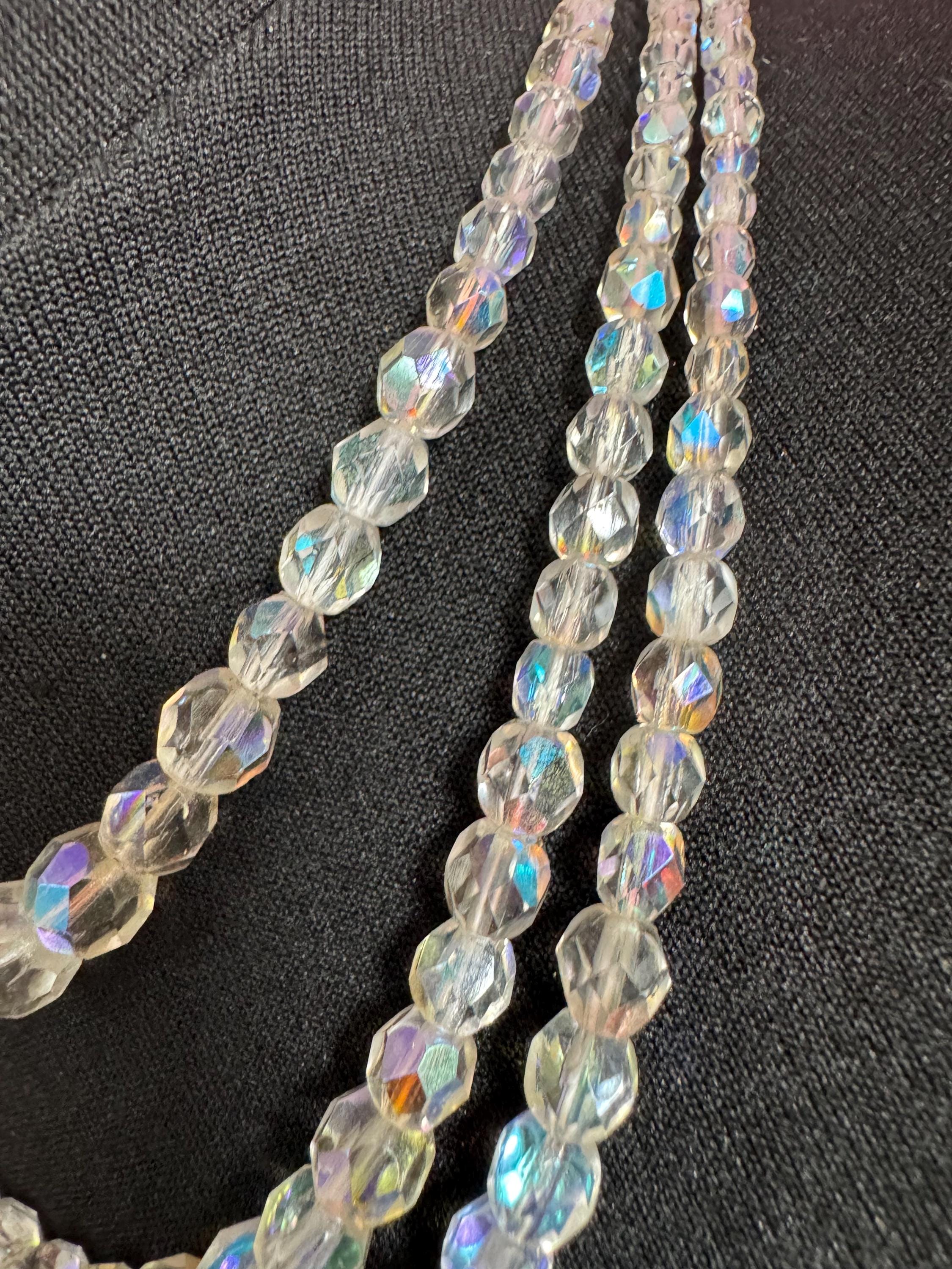 Art Deco clear AB rainbow Aurora borealis glass Crystal 3 row triple strand beaded bead necklace choker festoon waterfall