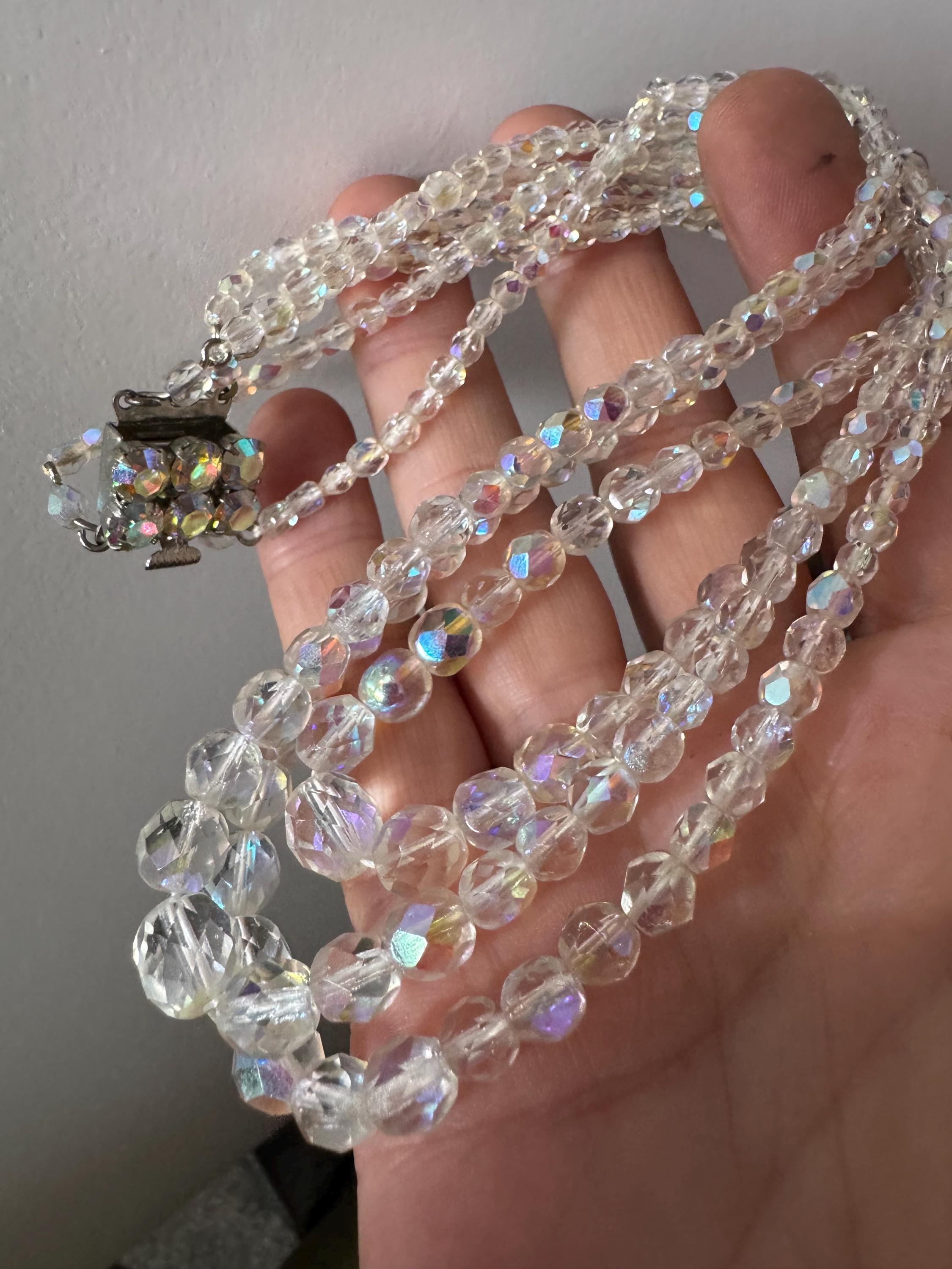 Art Deco clear AB rainbow Aurora borealis glass Crystal 3 row triple strand beaded bead necklace choker festoon waterfall