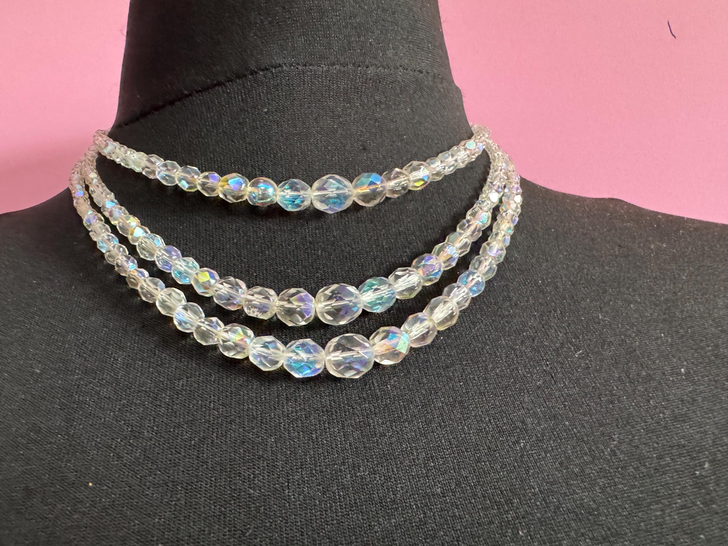 Art Deco clear AB rainbow Aurora borealis glass Crystal 3 row triple strand beaded bead necklace choker festoon waterfall