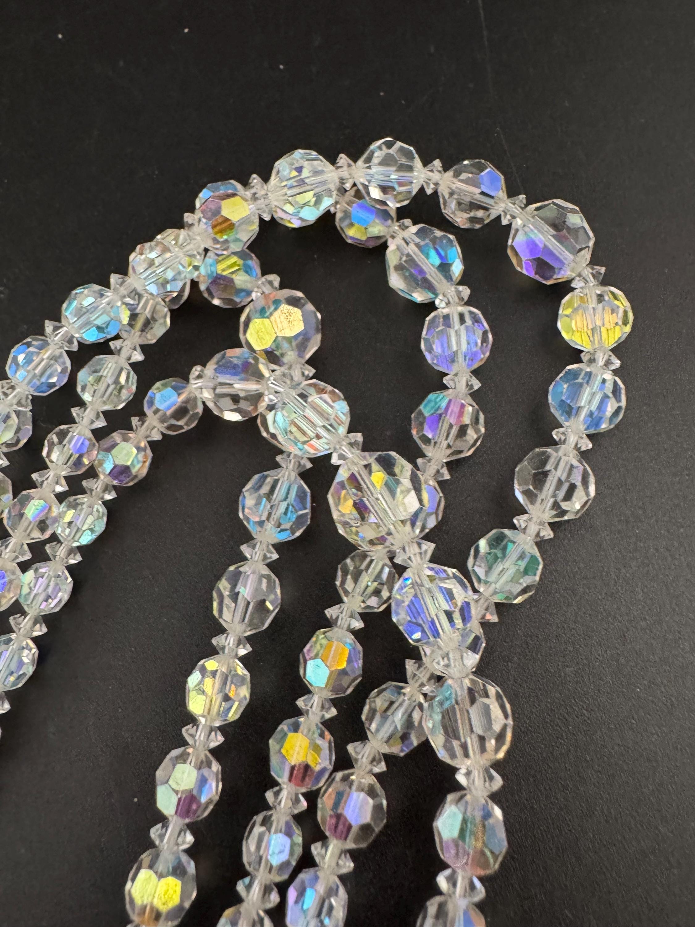Art Deco clear AB rainbow Aurora borealis glass Crystal 3 row beaded necklace