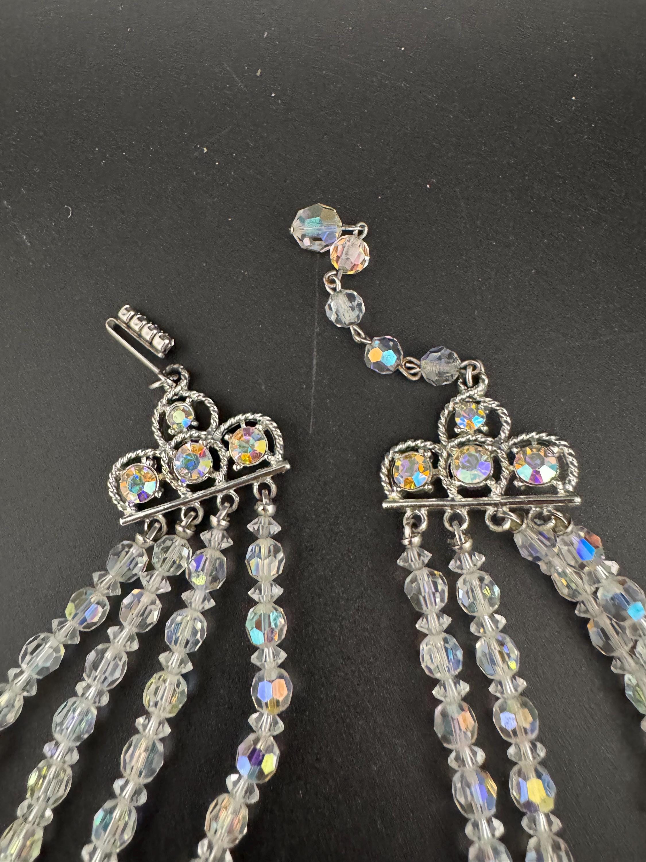 Art Deco clear AB rainbow Aurora borealis glass Crystal 3 row beaded necklace