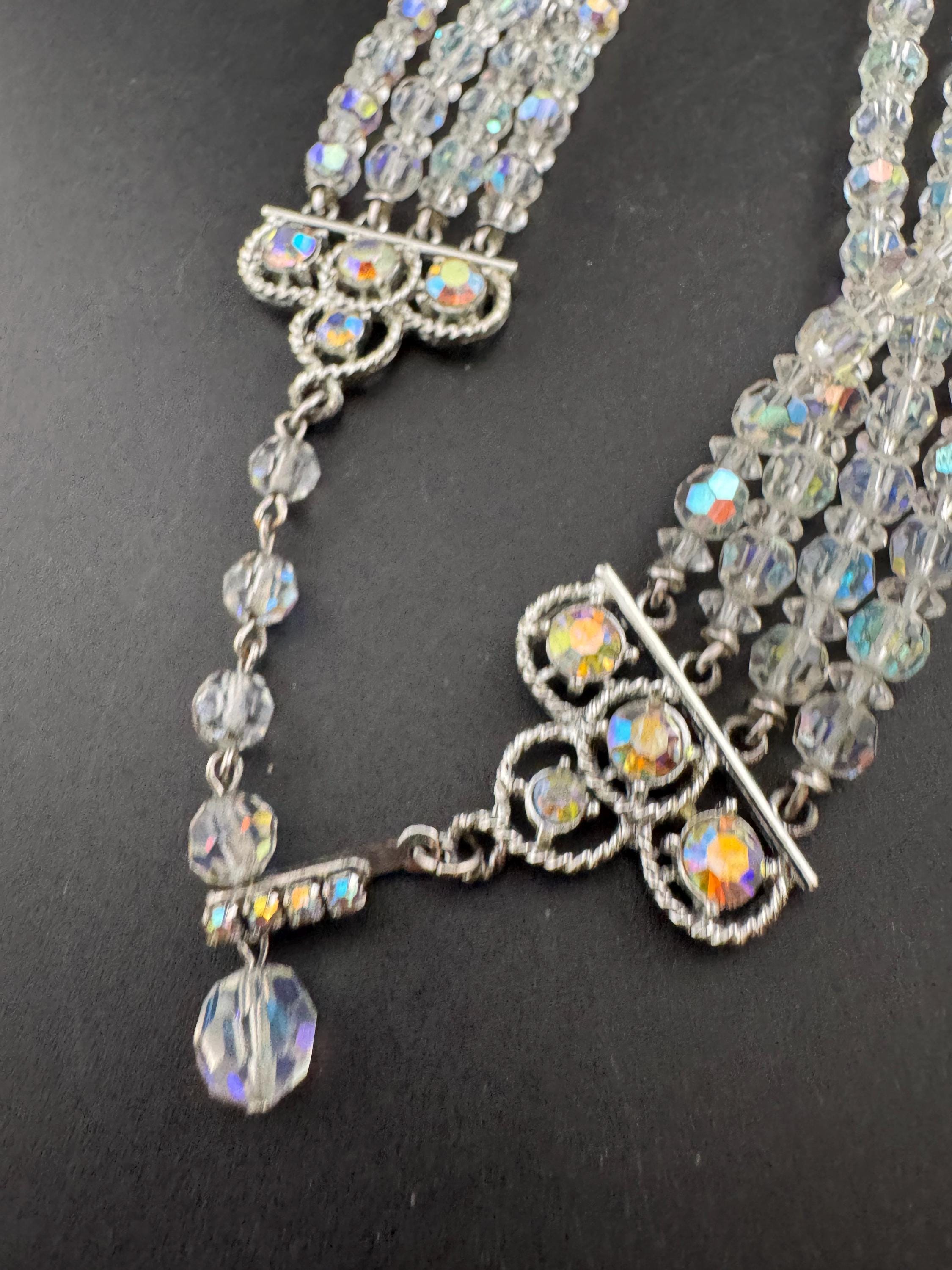 Art Deco clear AB rainbow Aurora borealis glass Crystal 3 row beaded necklace