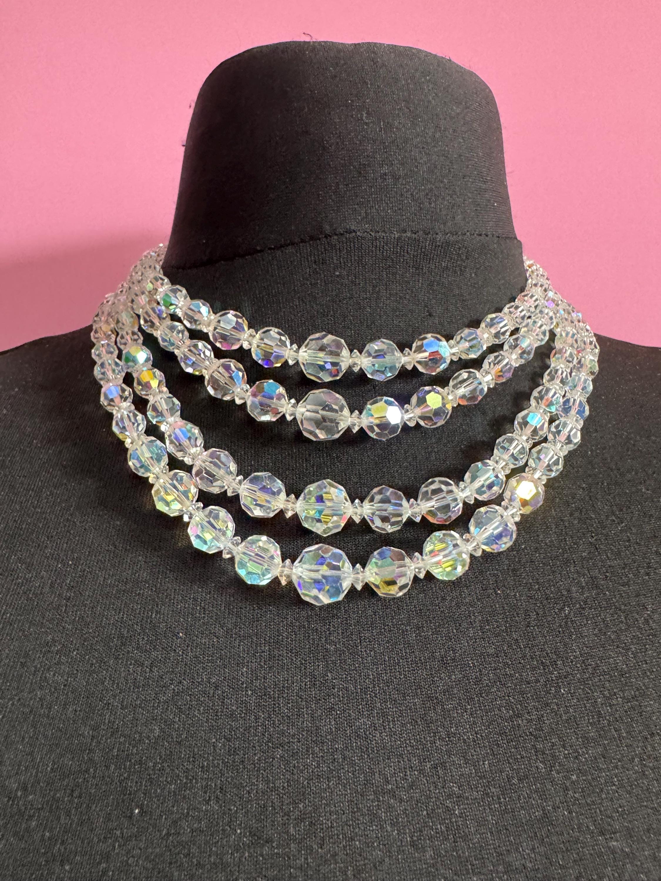 Art Deco clear AB rainbow Aurora borealis glass Crystal 3 row beaded necklace