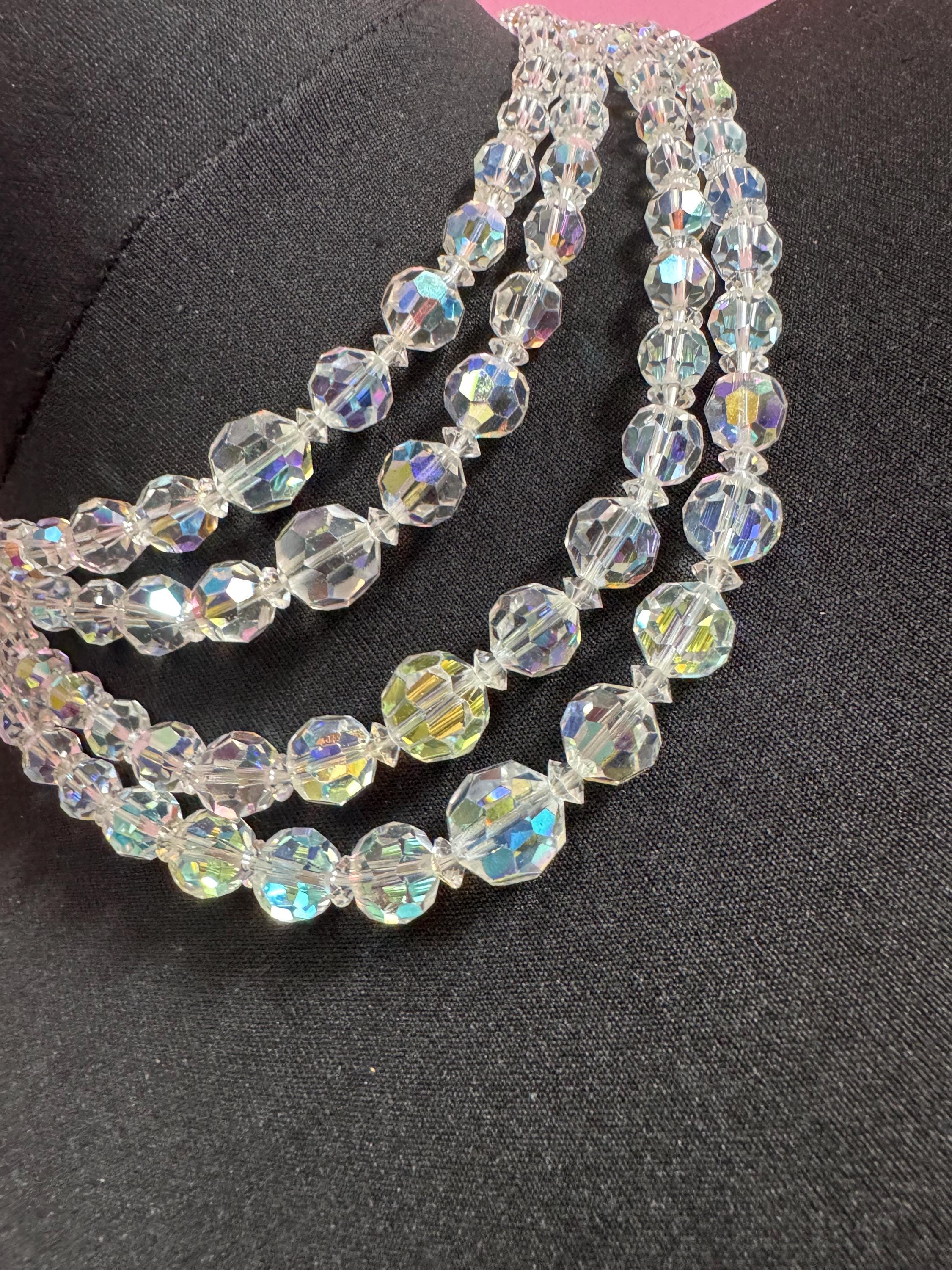 Art Deco clear AB rainbow Aurora borealis glass Crystal 3 row beaded necklace