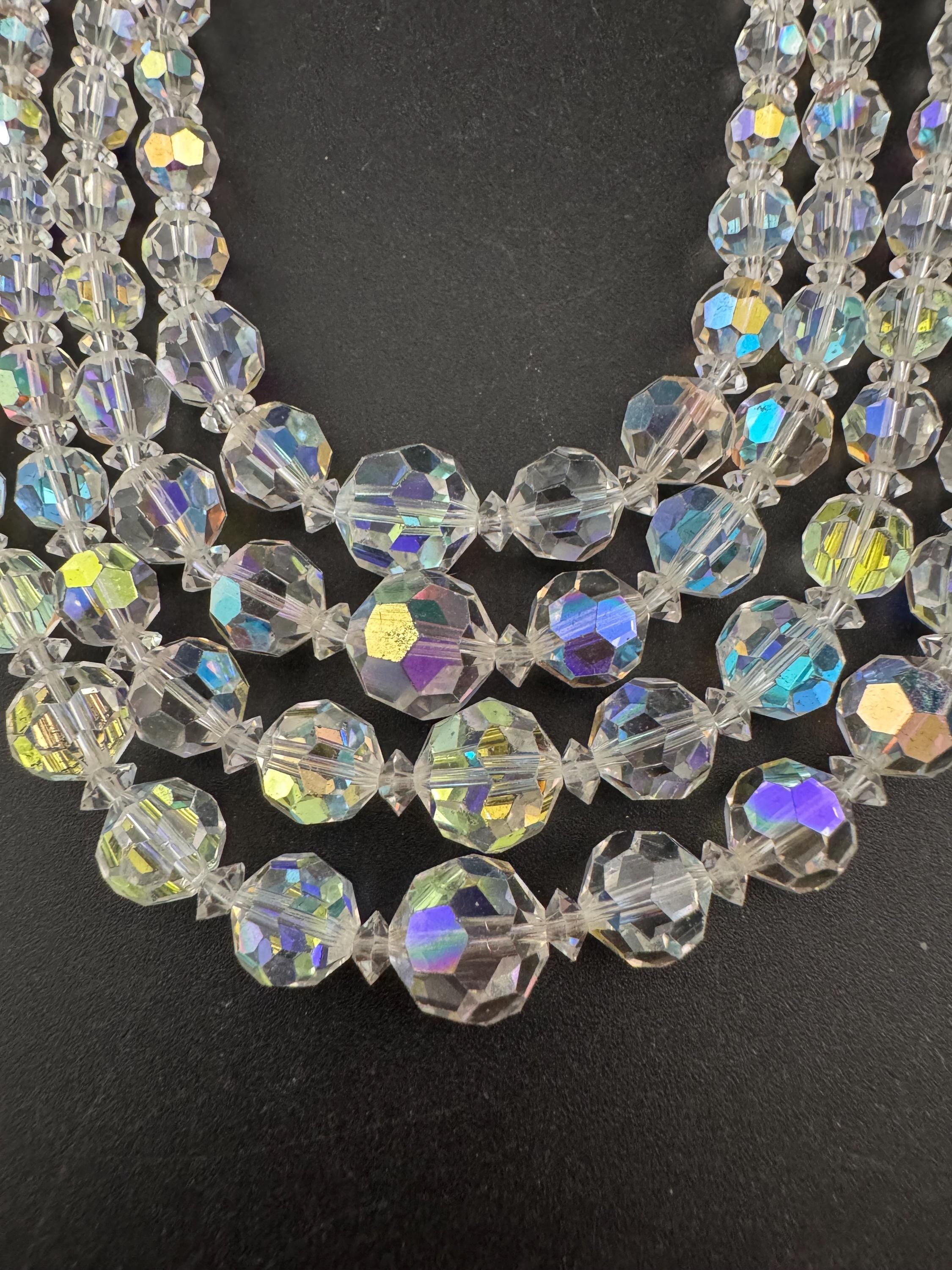 Art Deco clear AB rainbow Aurora borealis glass Crystal 3 row beaded necklace