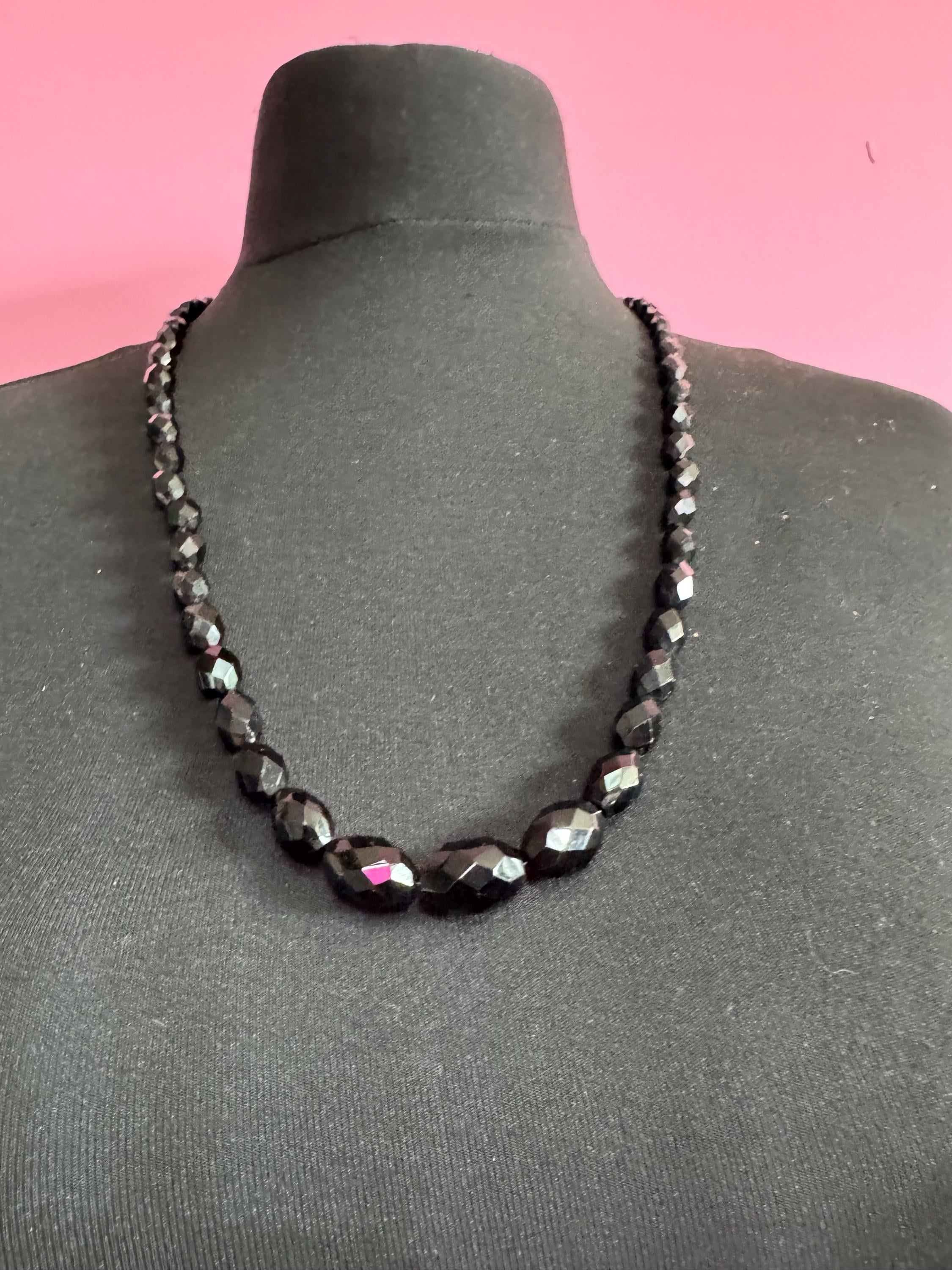 Vintage French Jet Black Glass Flapper Necklace: Art Deco Long Beaded Necklace
