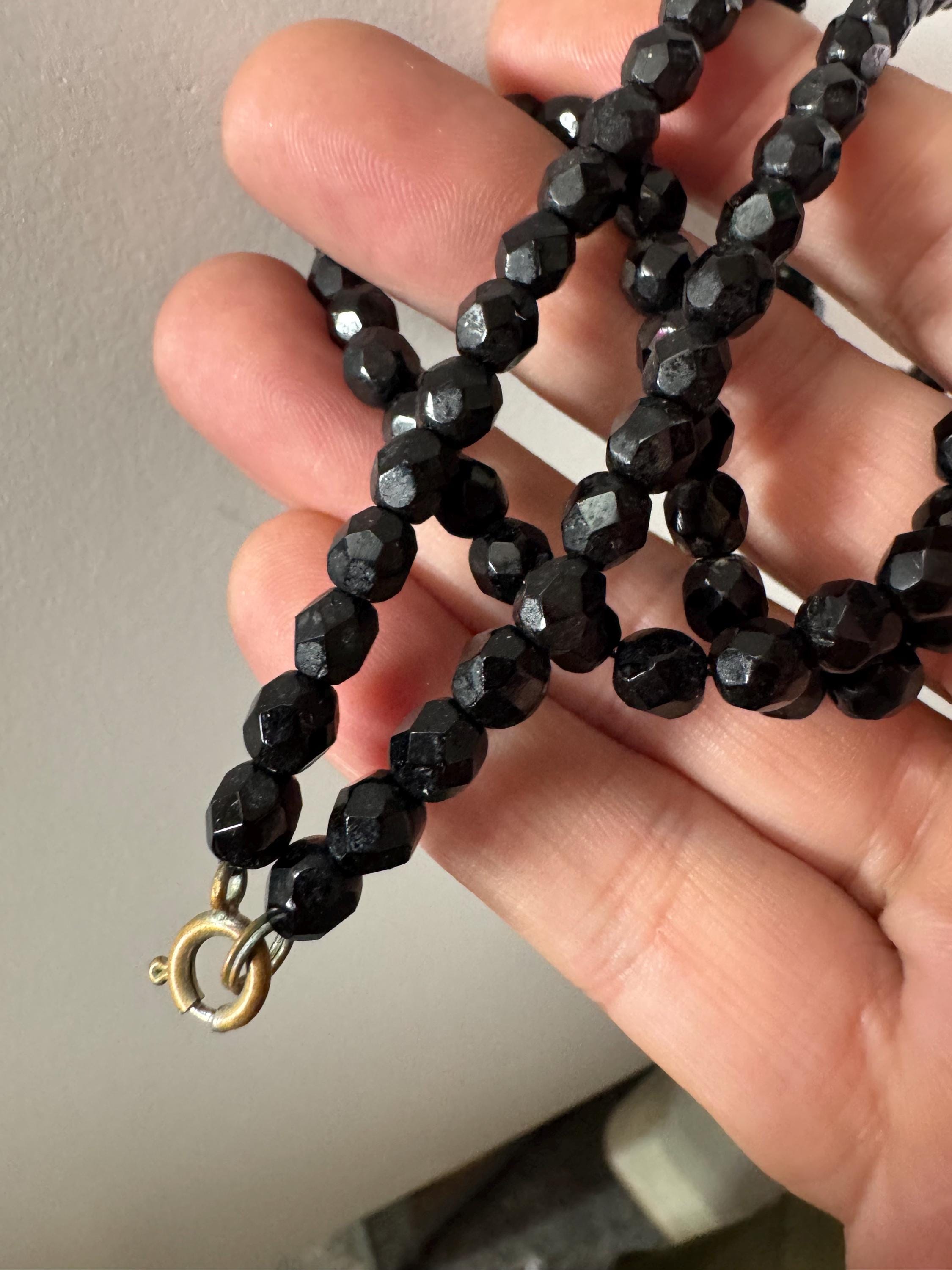 64cm long vintage French Jet Black Glass long beaded mid length necklace faceted glass beads vintage art deco 1920s 1930s