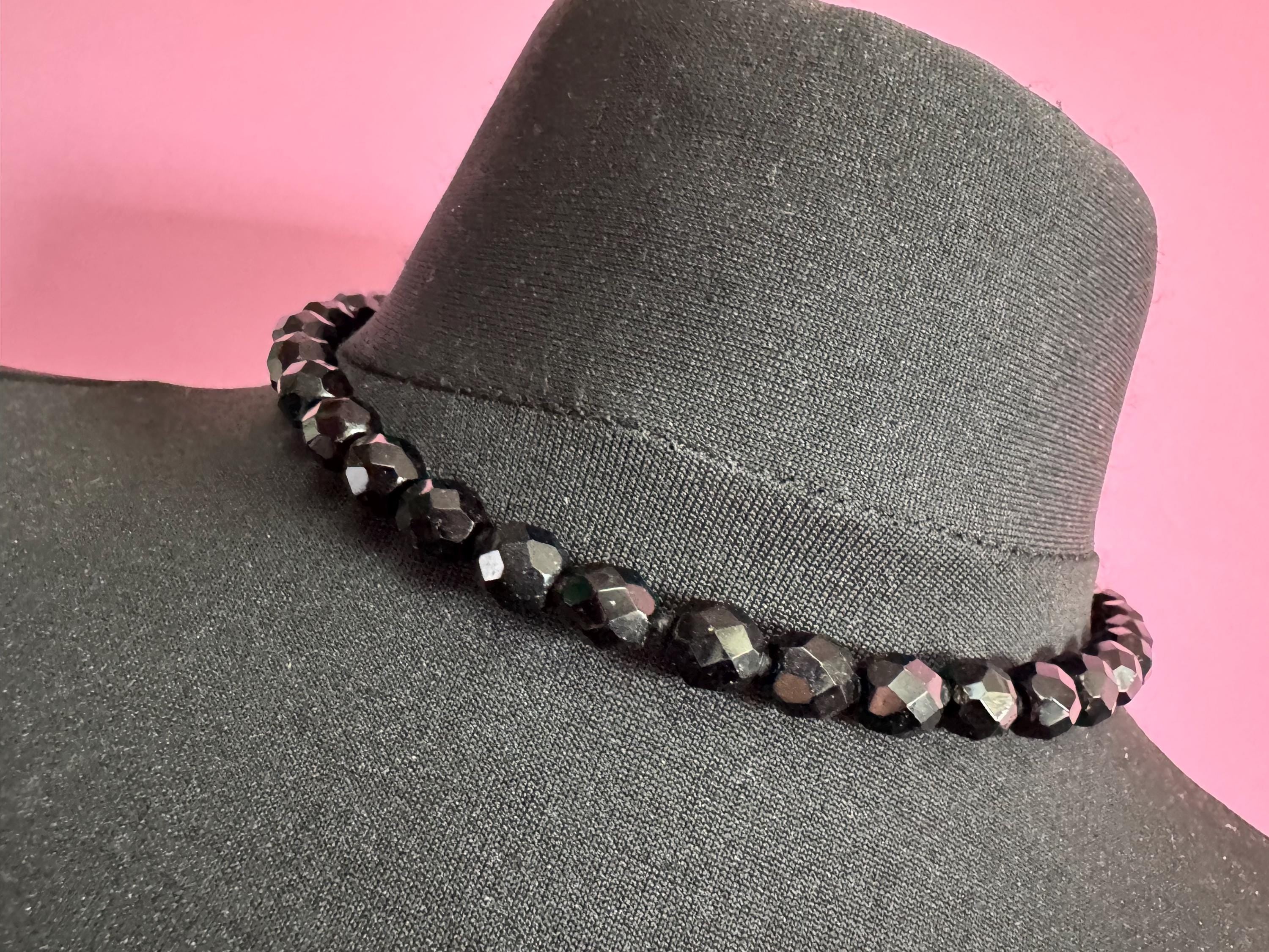 44cm short vintage French Jet Black Glass long beaded collar choker necklace, faceted glass beads vintage art deco 1920s 1930s