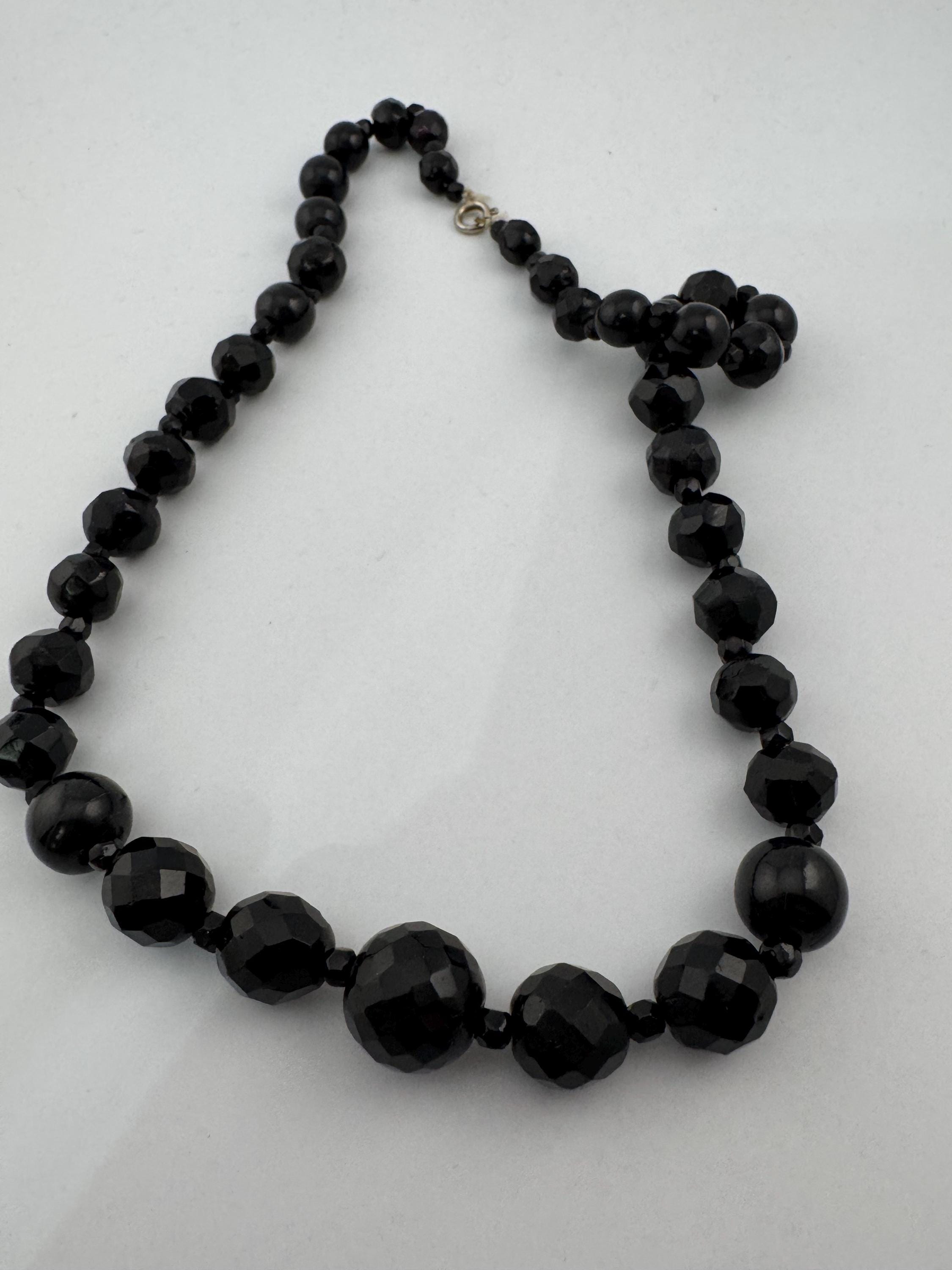 As found 49cm short vintage French Jet Black Glass long beaded collar choker necklace, faceted glass beads vintage art deco 1920s 1930s