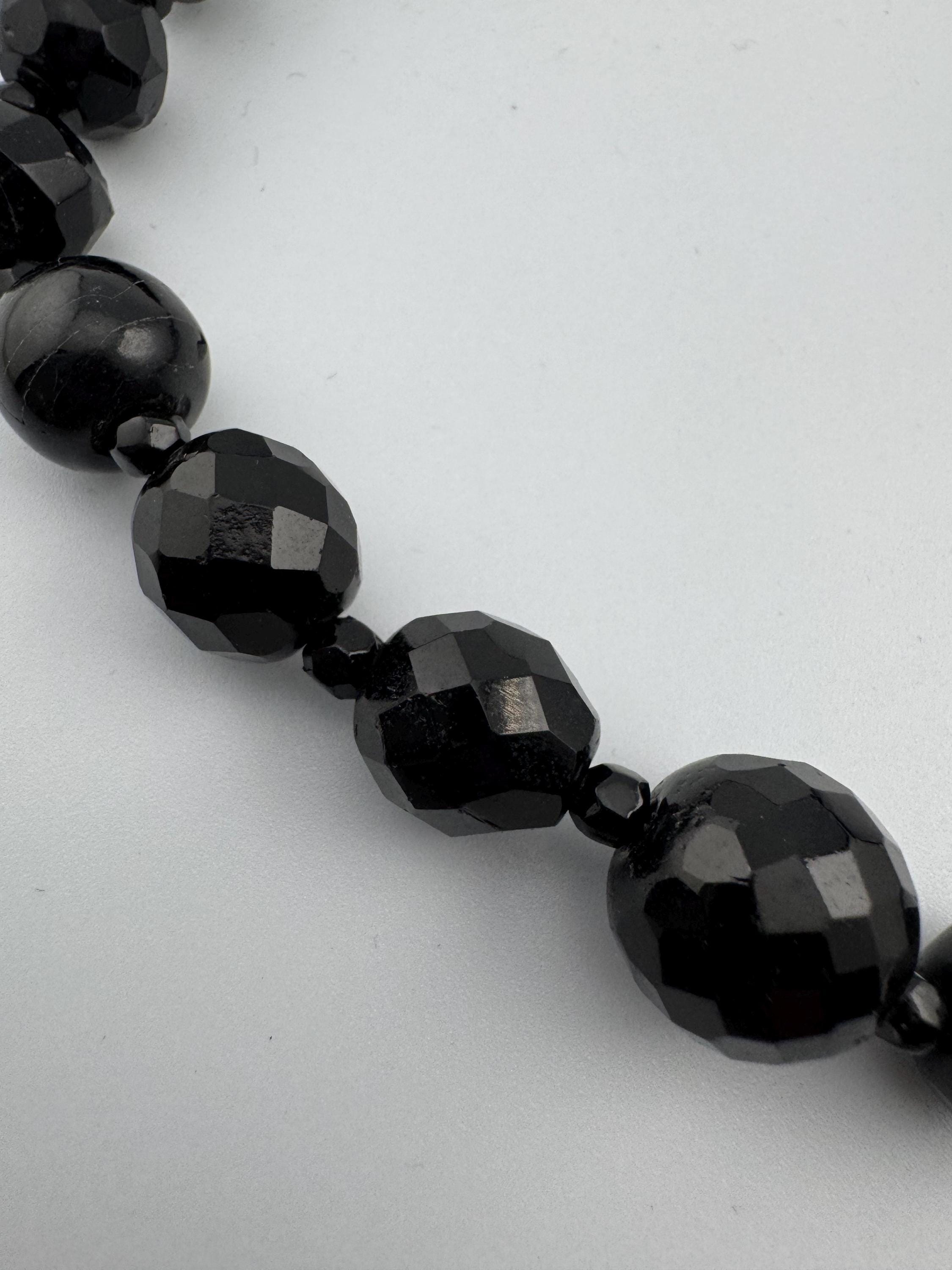 As found 49cm short vintage French Jet Black Glass long beaded collar choker necklace, faceted glass beads vintage art deco 1920s 1930s