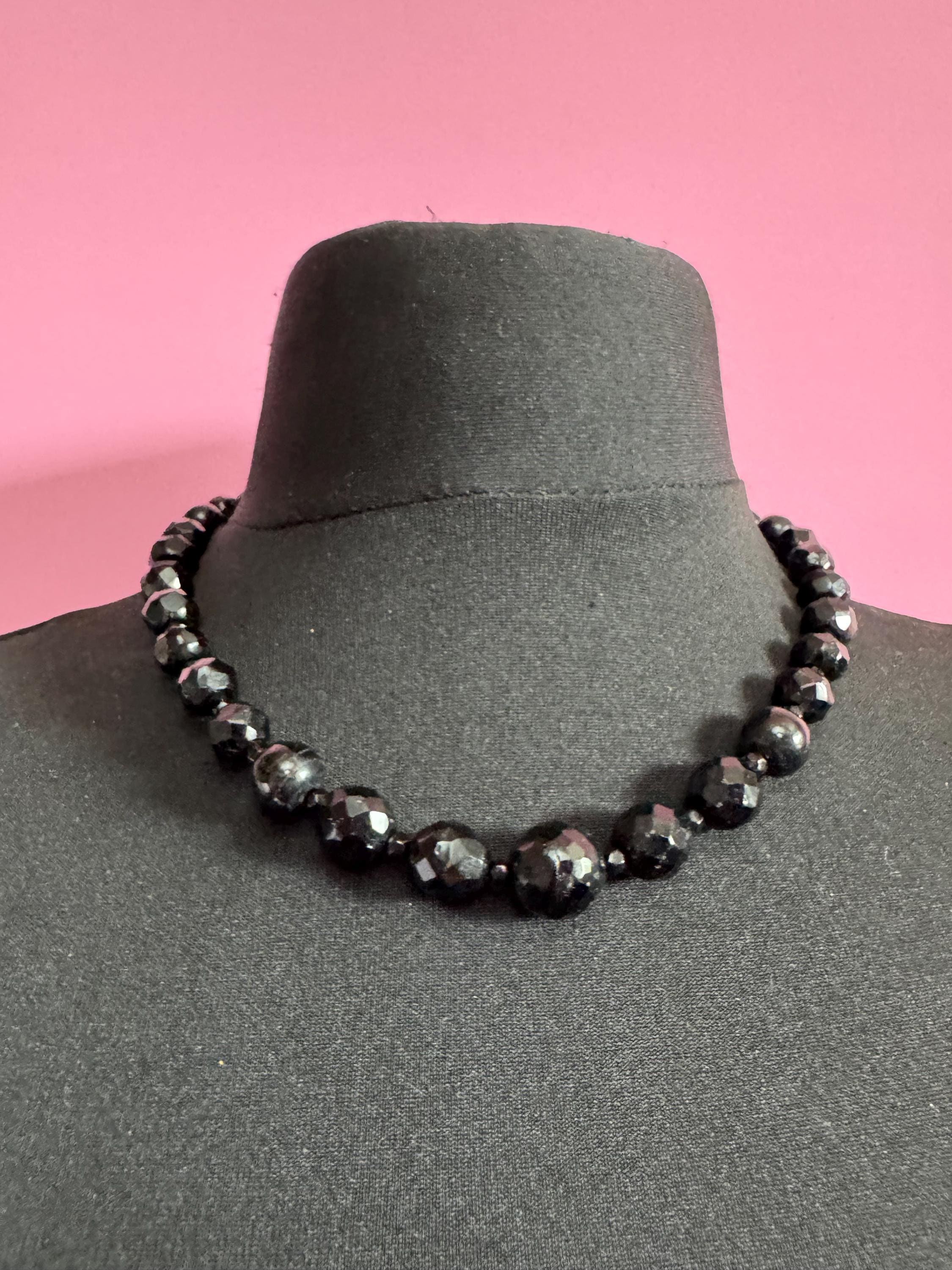 As found 49cm short vintage French Jet Black Glass long beaded collar choker necklace, faceted glass beads vintage art deco 1920s 1930s