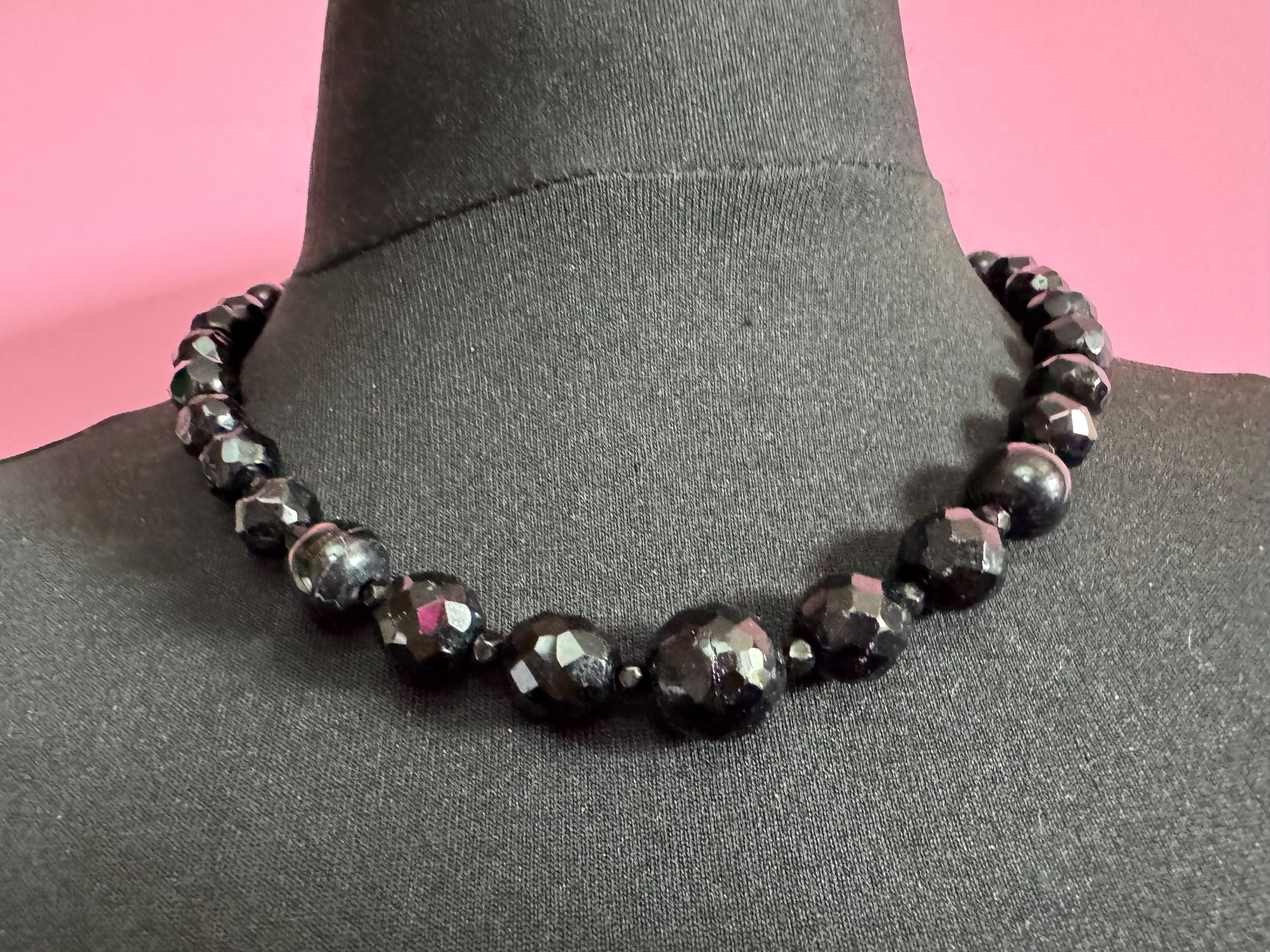 As found 49cm short vintage French Jet Black Glass long beaded collar choker necklace, faceted glass beads vintage art deco 1920s 1930s