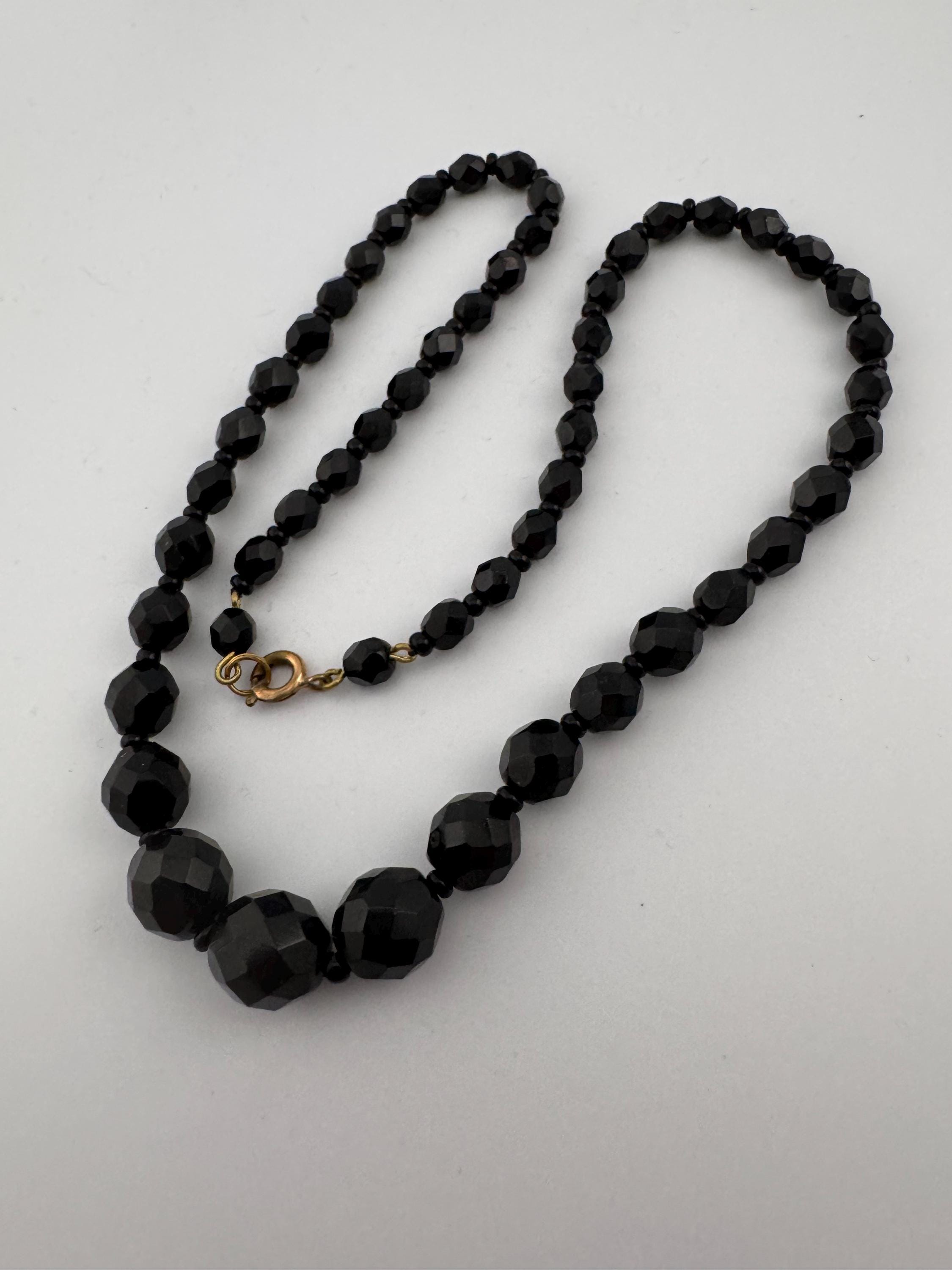 47cm short vintage French Jet Black Glass long beaded collar choker necklace, faceted glass beads vintage art deco 1920s 1930s
