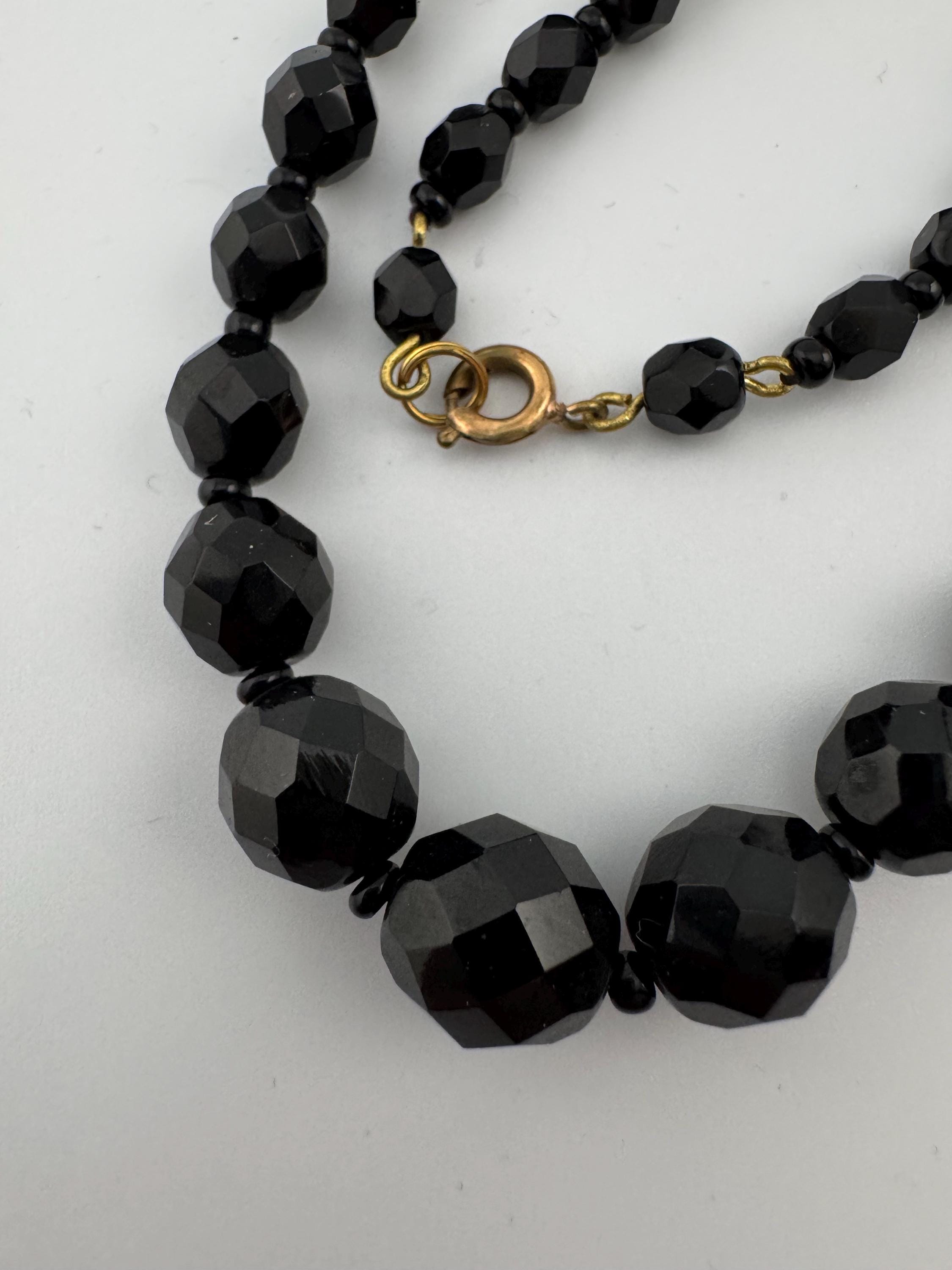 47cm short vintage French Jet Black Glass long beaded collar choker necklace, faceted glass beads vintage art deco 1920s 1930s