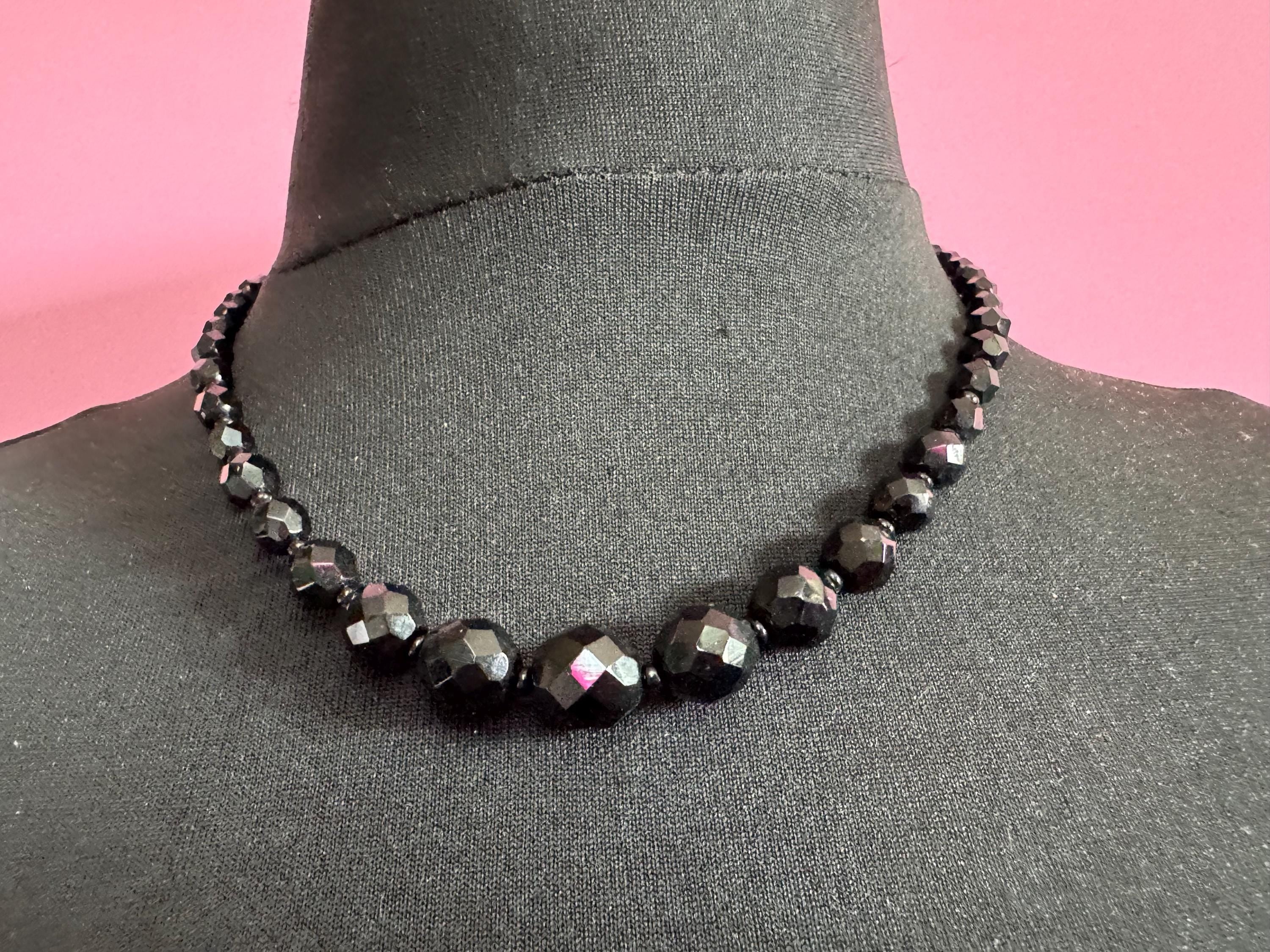 47cm short vintage French Jet Black Glass long beaded collar choker necklace, faceted glass beads vintage art deco 1920s 1930s