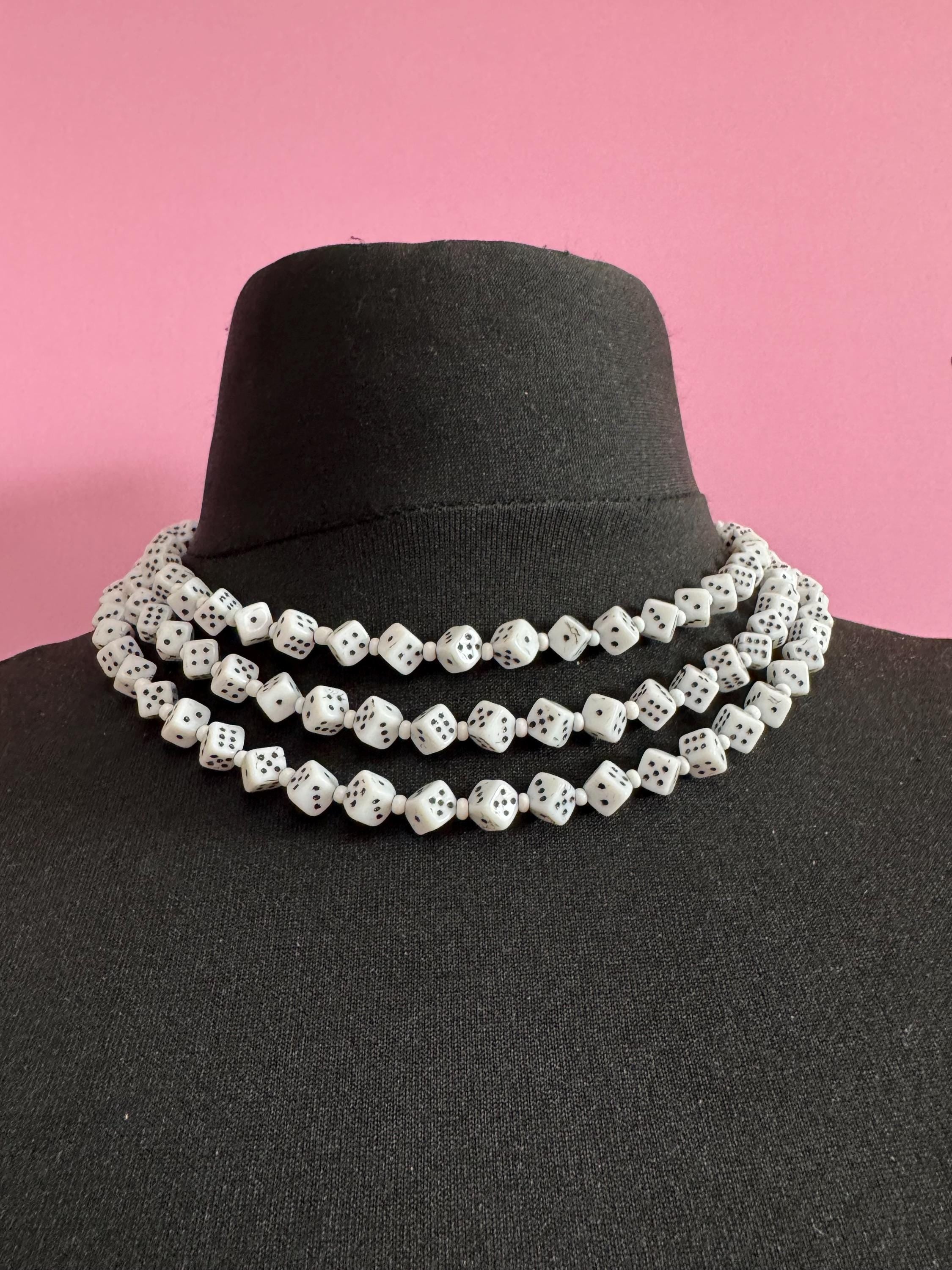 Vintage czech White milk glass beaded novelty dice triple row Multistrand necklace