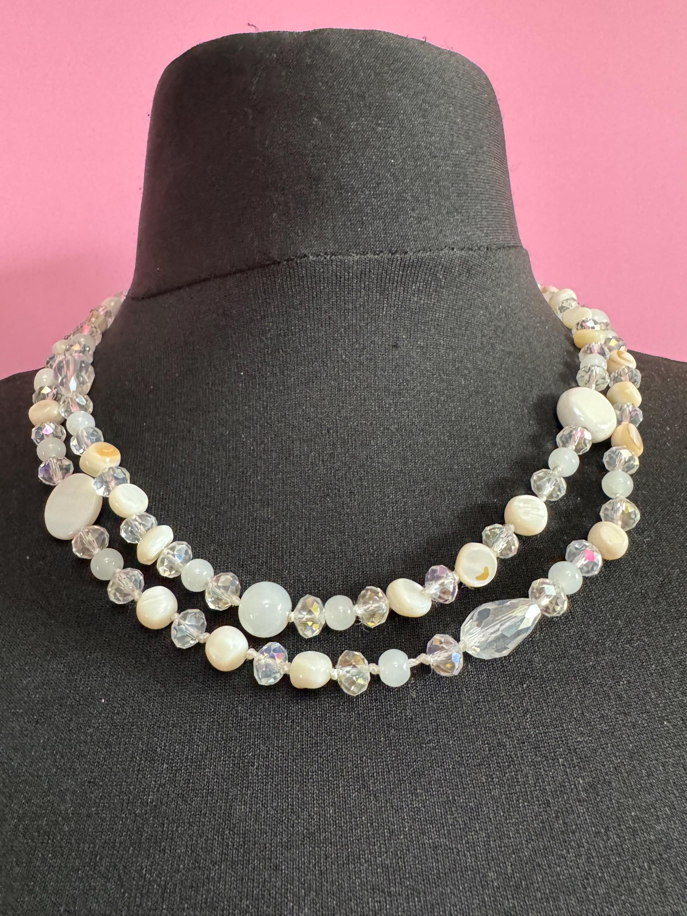 retro milk glass, opaque and clear crystal round beaded long bead necklace 108cm